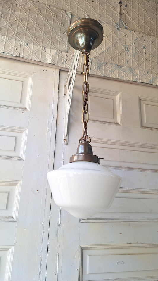 Beardslee Bronze and White Glass Pendant Light, Small Art Deco Pendant Light