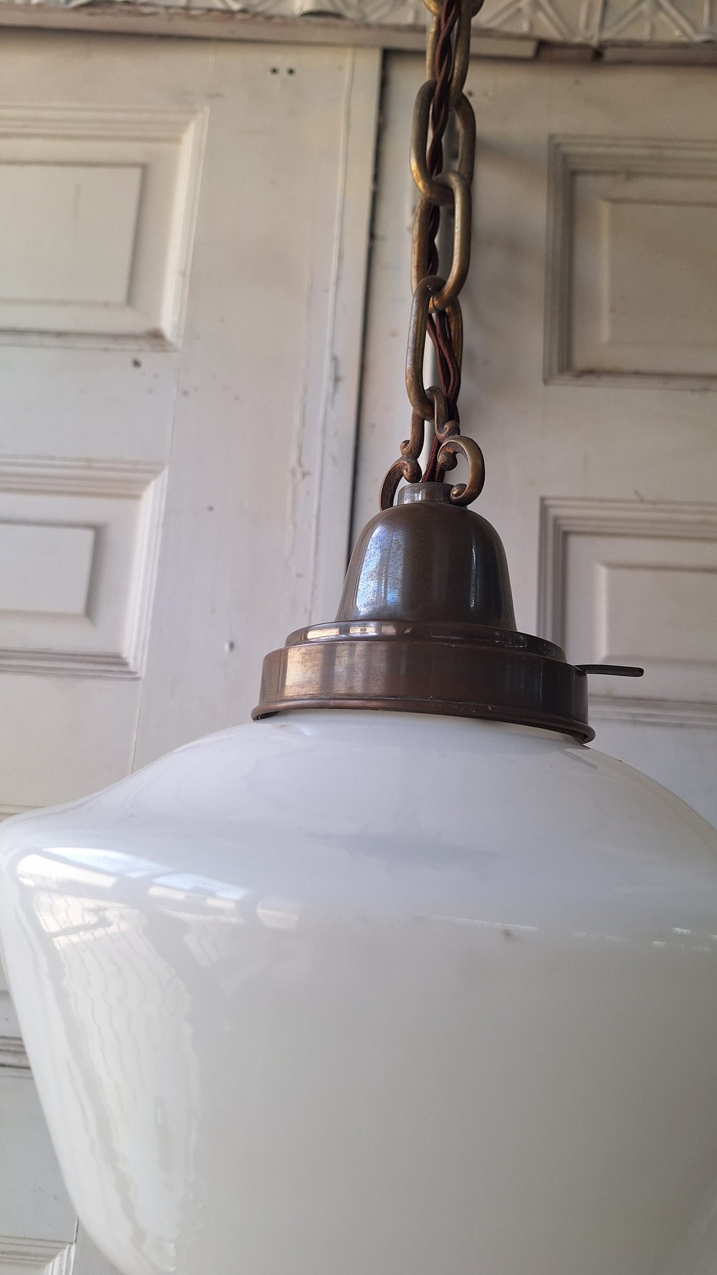 Beardslee Bronze and White Glass Pendant Light, Small Art Deco Pendant Light