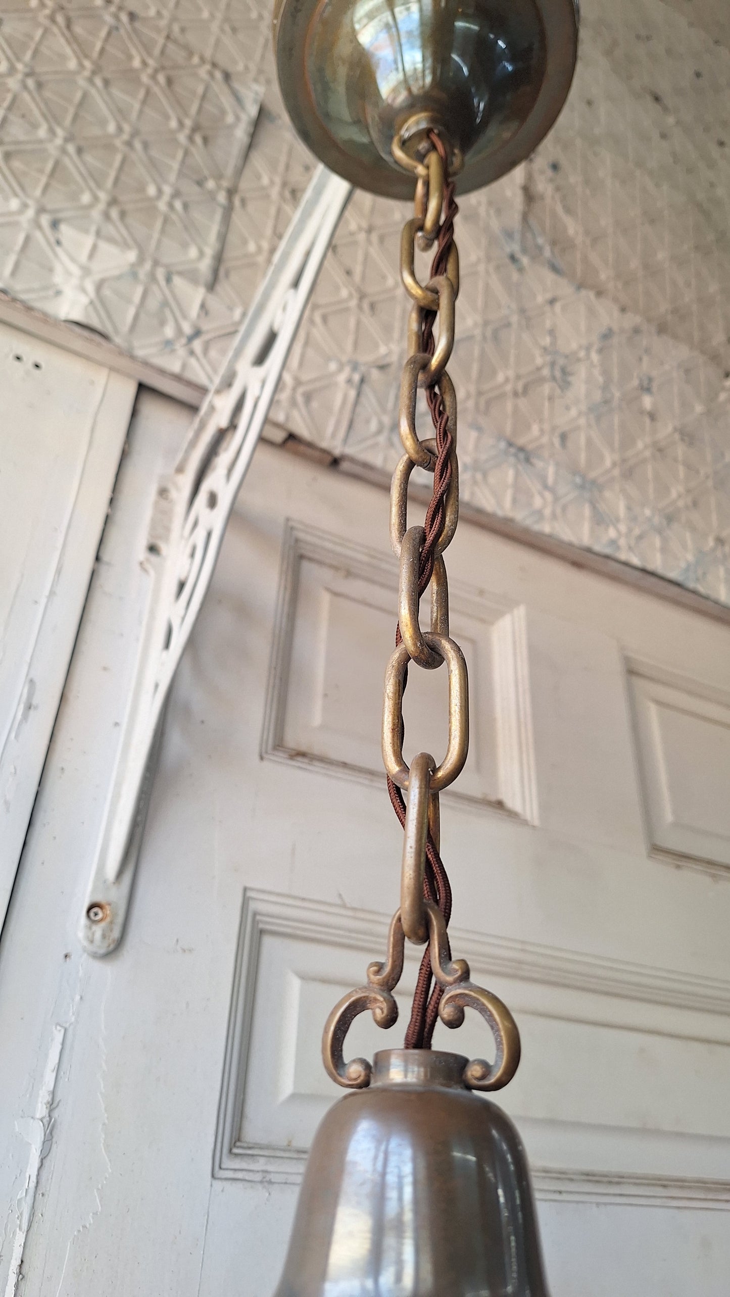 Beardslee Bronze and White Glass Pendant Light, Small Art Deco Pendant Light