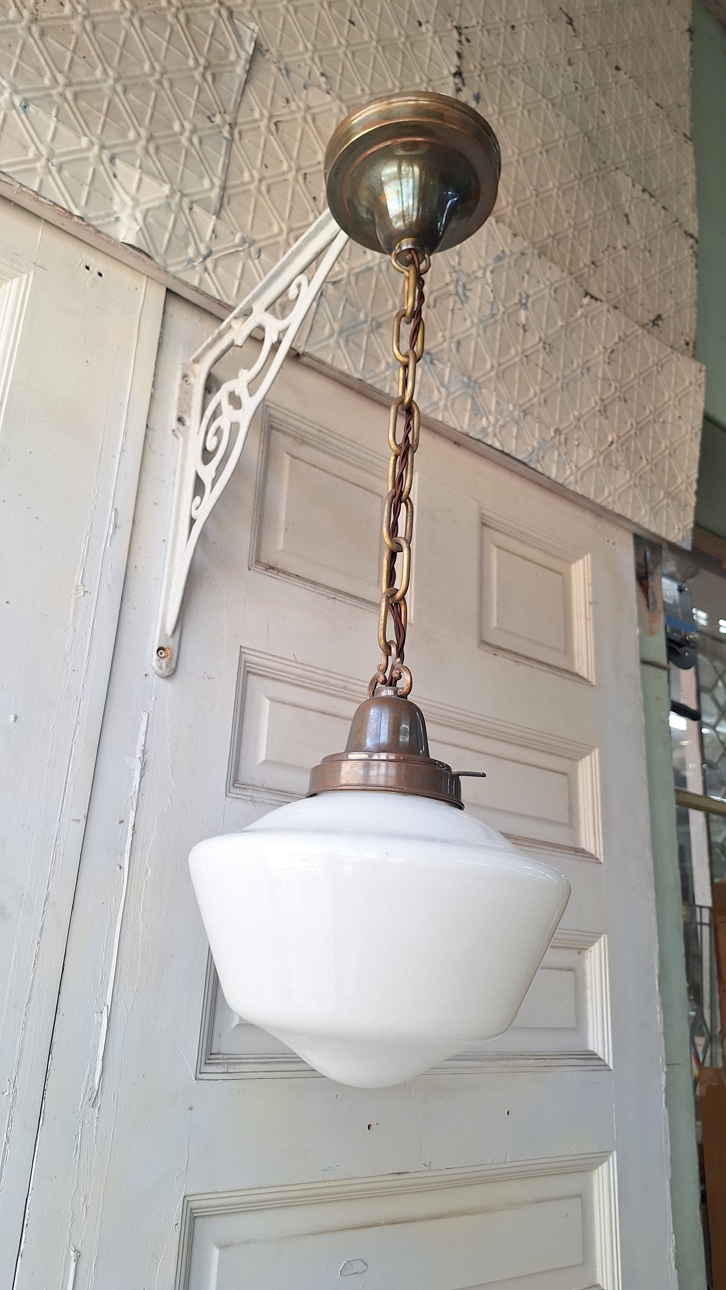 Beardslee Bronze and White Glass Pendant Light, Small Art Deco Pendant Light