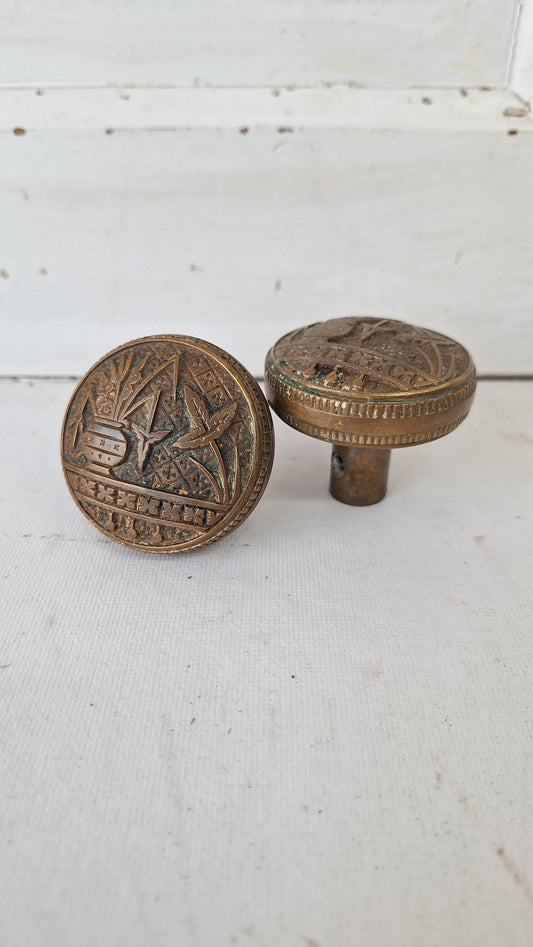 Drum Style Broken Leaf Bronze Doorknobs, Eastlake Style Victorian Door Knob Set