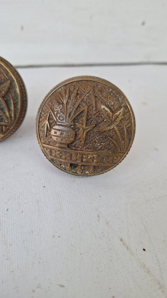 Drum Style Broken Leaf Bronze Doorknobs, Eastlake Style Victorian Door Knob Set