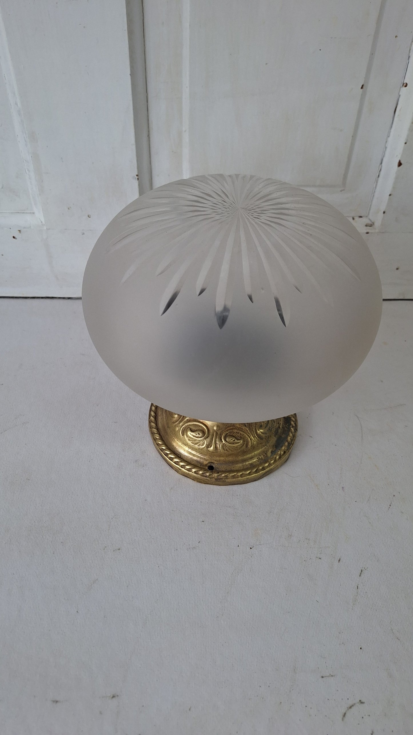 Cut Glass and Brass Antique Ceiling Light, Beveled Glass Globe Flush Mount Fixture