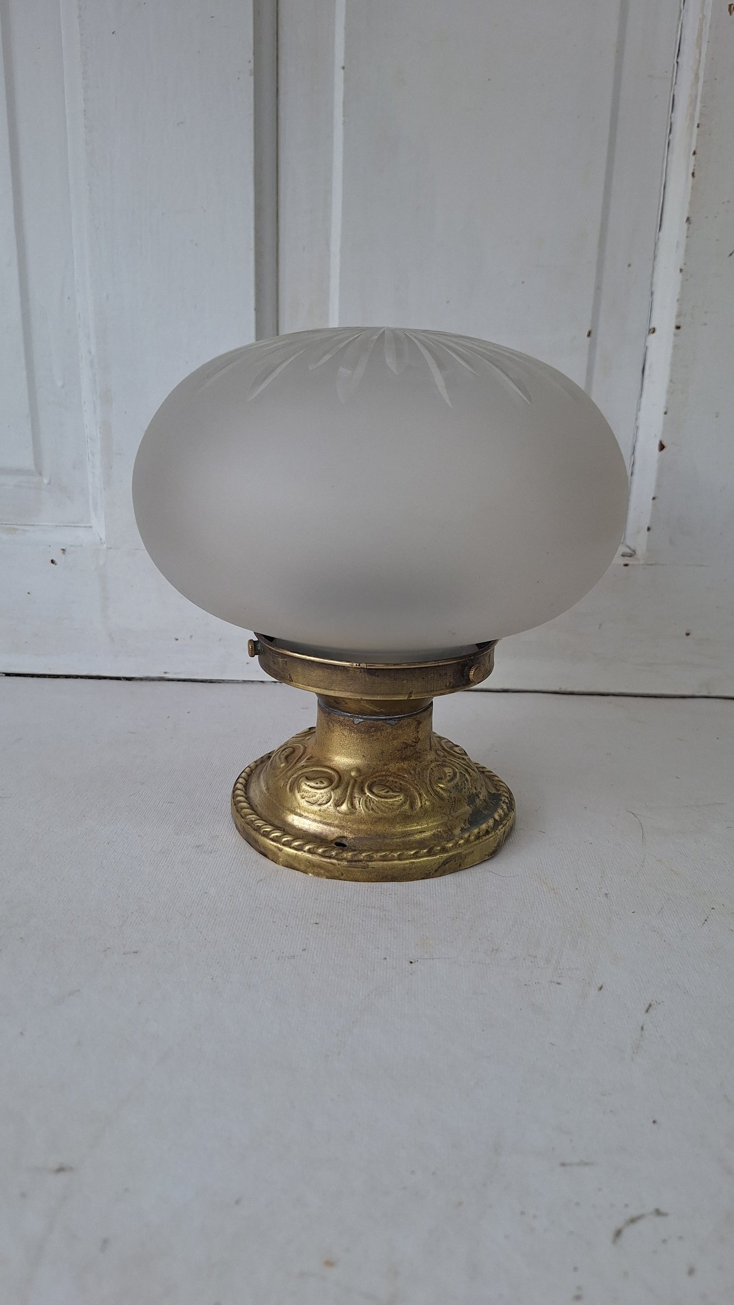Cut Glass and Brass Antique Ceiling Light, Beveled Glass Globe Flush Mount Fixture