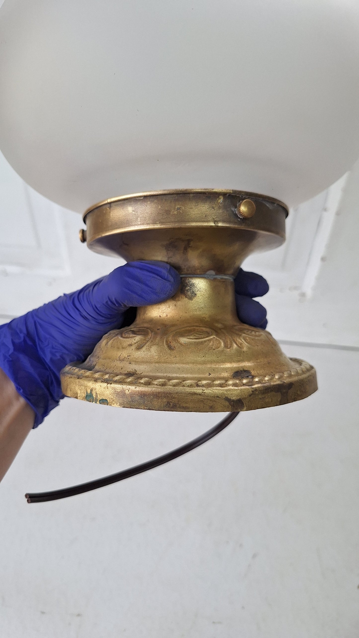 Cut Glass and Brass Antique Ceiling Light, Beveled Glass Globe Flush Mount Fixture