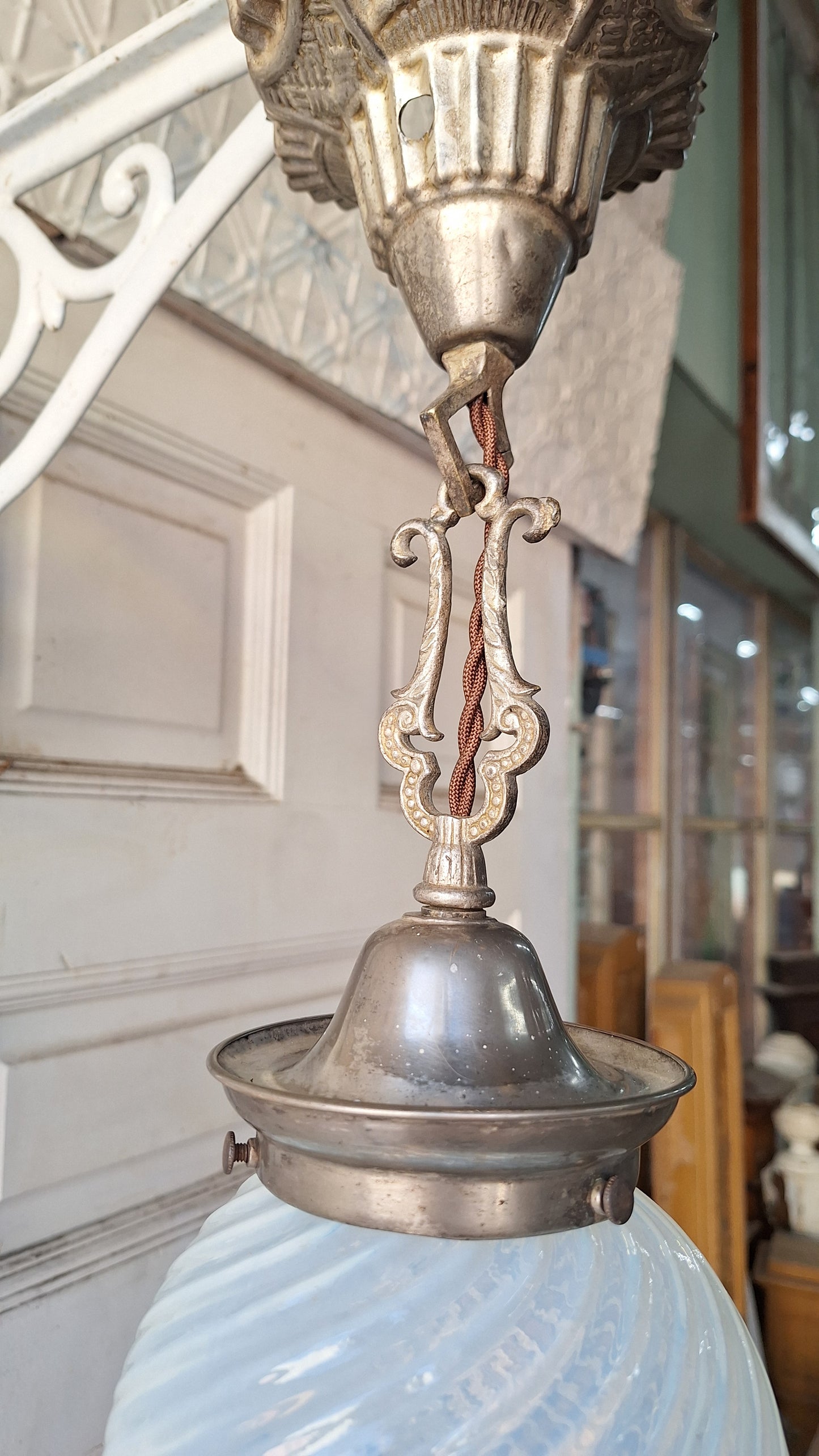 Blown Opal Glass Shade Pendant Light, Antique Swirled Glass Globe Pendant Fixture