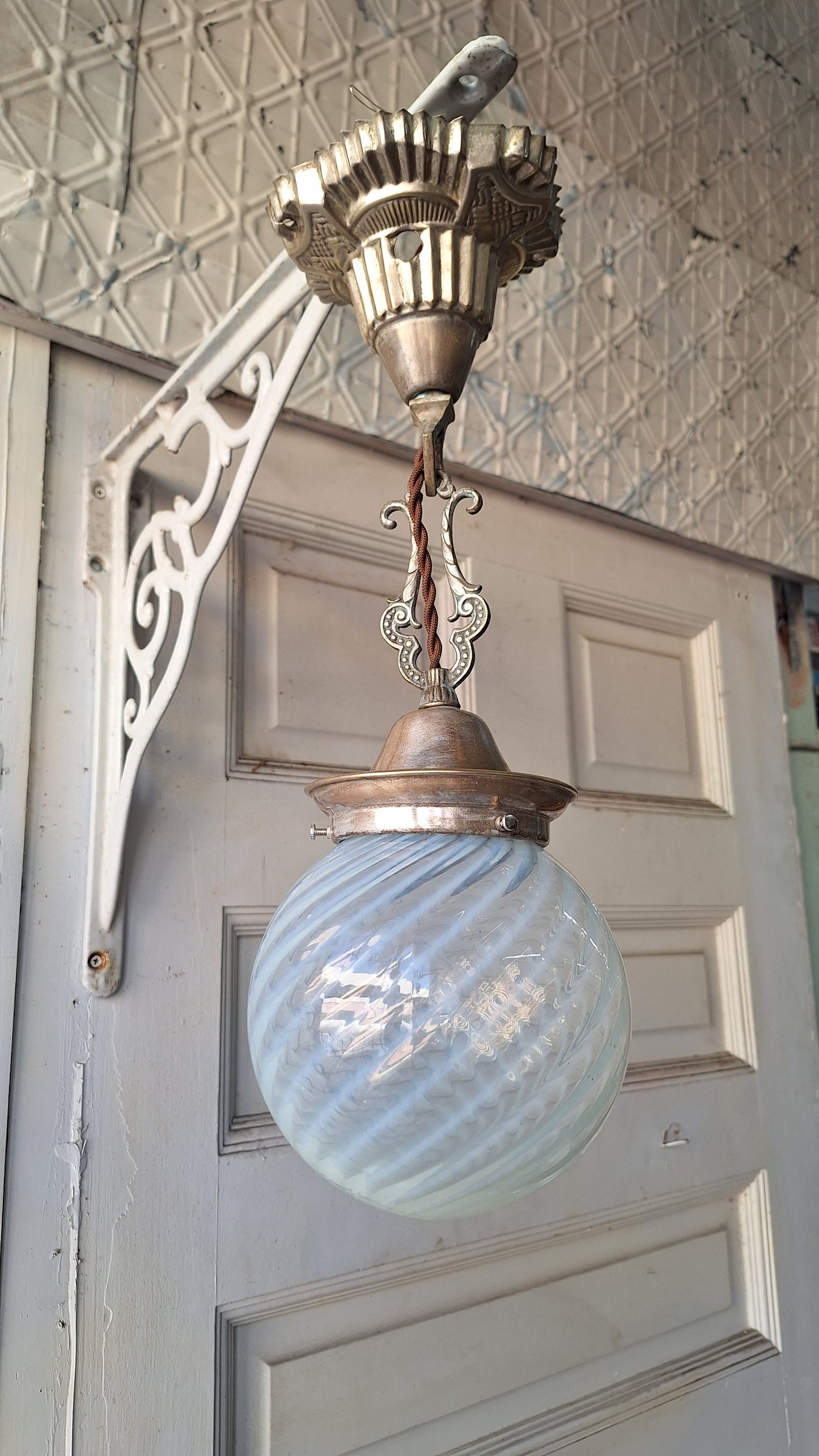 Blown Opal Glass Shade Pendant Light, Antique Swirled Glass Globe Pendant Fixture