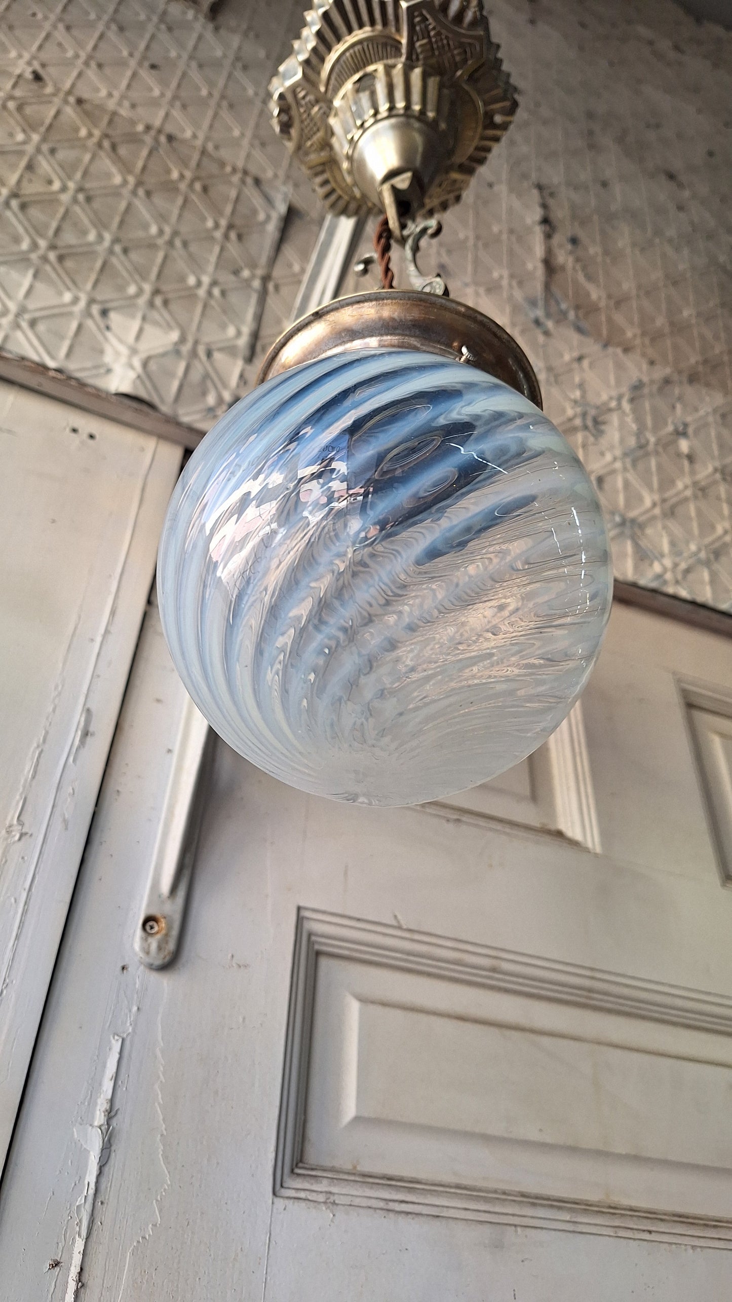 Blown Opal Glass Shade Pendant Light, Antique Swirled Glass Globe Pendant Fixture