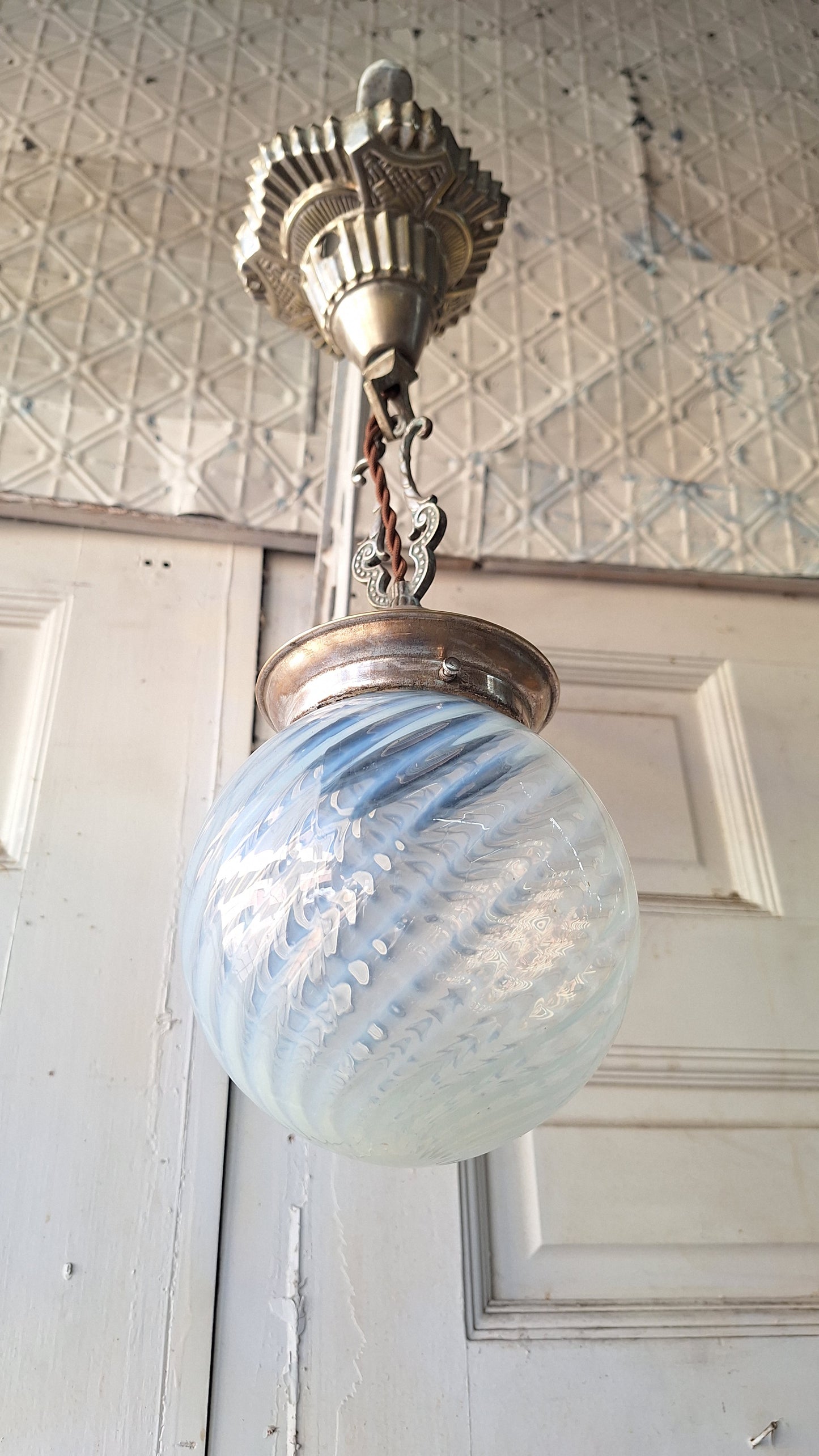 Blown Opal Glass Shade Pendant Light, Antique Swirled Glass Globe Pendant Fixture