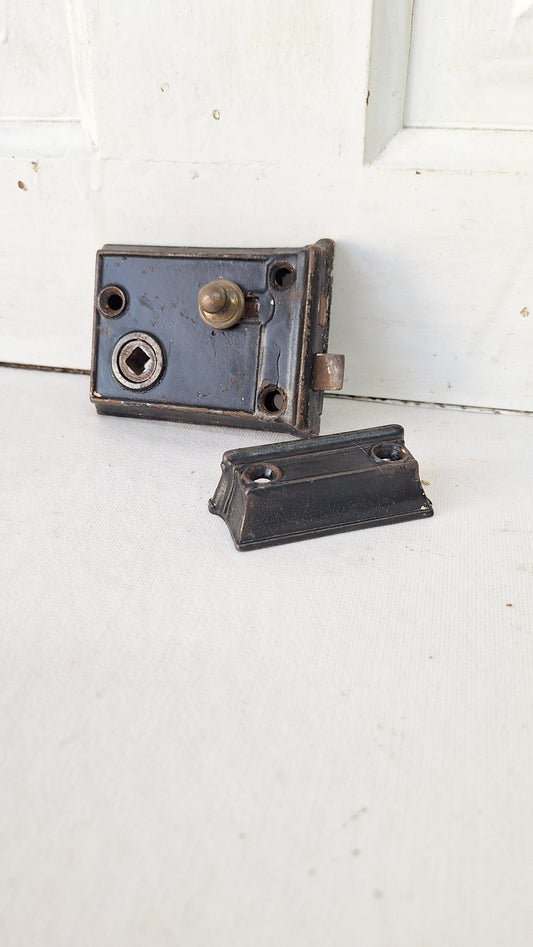 Antique Door Rim Lock and Keeper, Cast Iron Surface Mount Lock with Privacy Latch