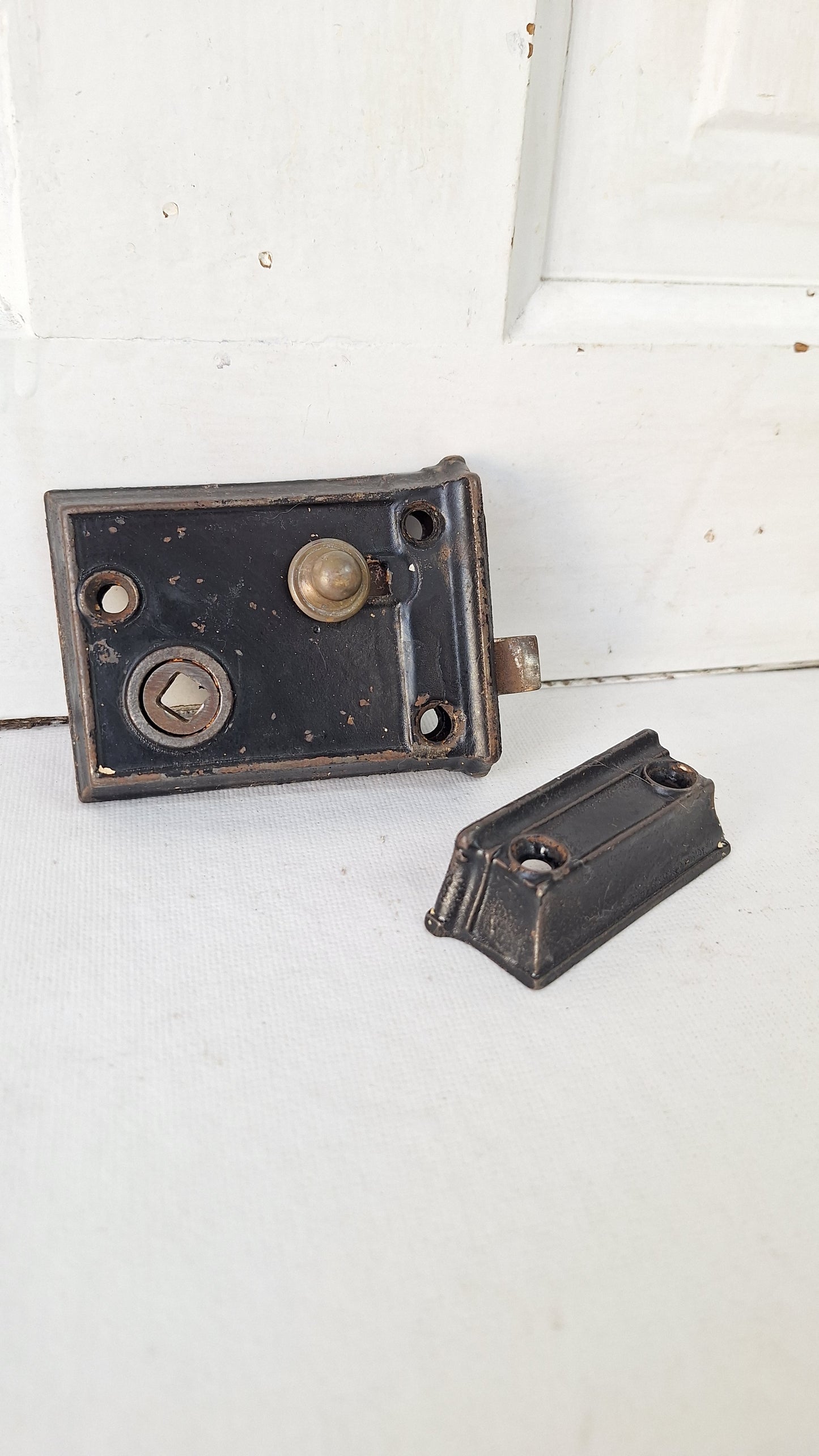 Antique Door Rim Lock and Keeper, Cast Iron Surface Mount Lock with Privacy Latch