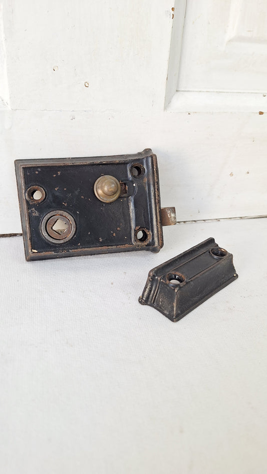 Antique Door Rim Lock and Keeper, Cast Iron Surface Mount Lock with Privacy Latch