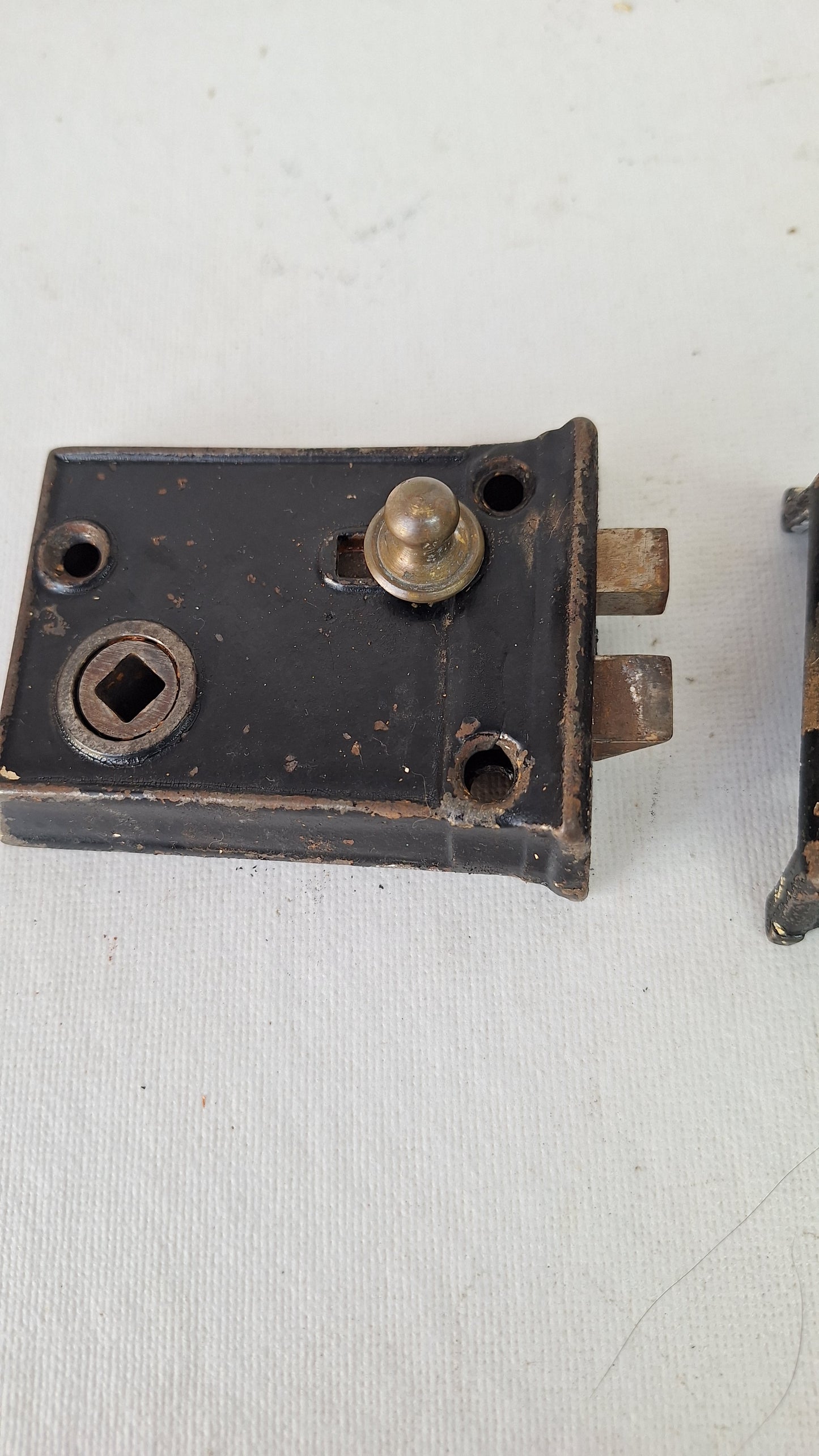 Antique Door Rim Lock and Keeper, Cast Iron Surface Mount Lock with Privacy Latch