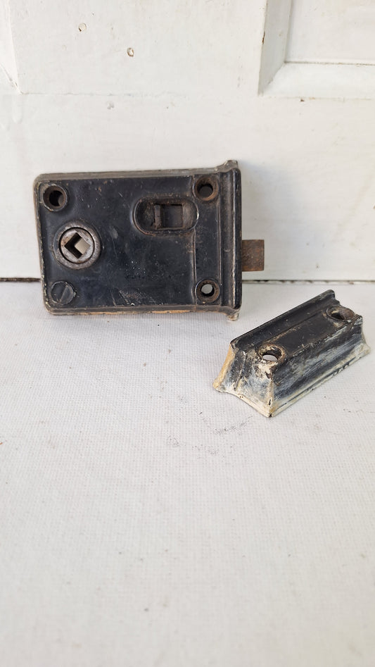 Antique Door Rim Lock and Keeper, Cast Iron Surface Mount Lock with Privacy Latch