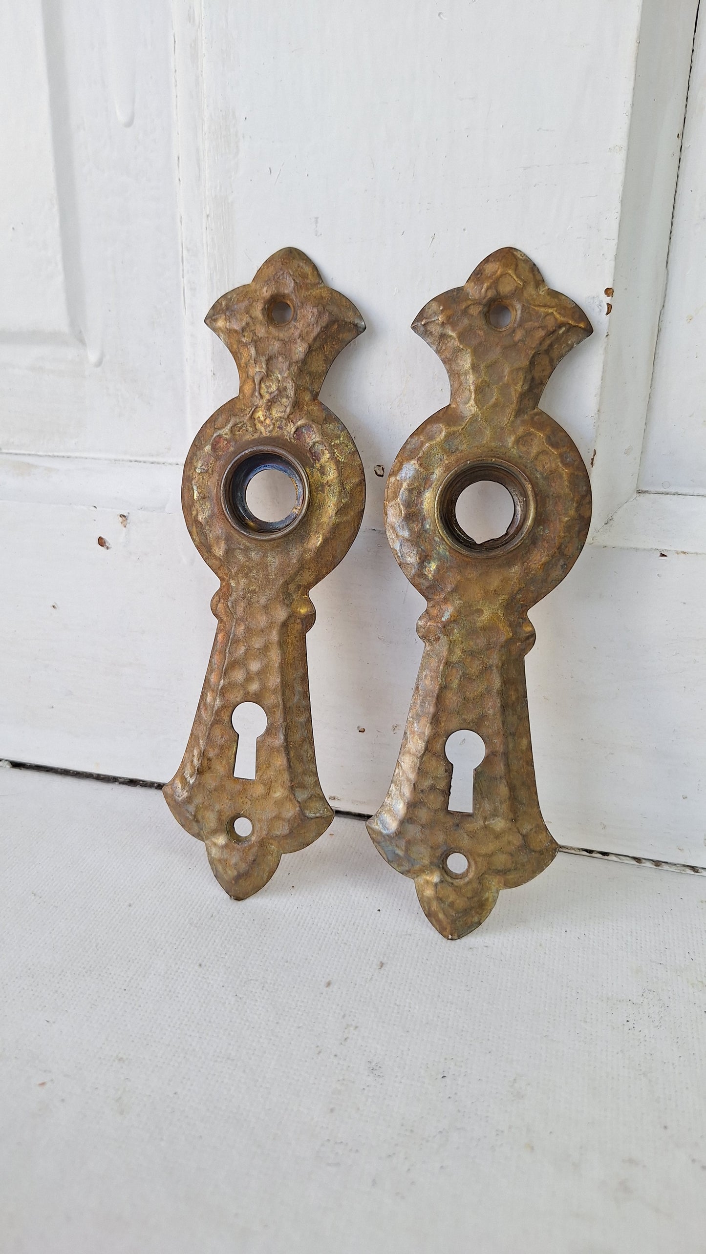 Art Deco Antique Door Backplates, Hammered Texture Brass Door Plates