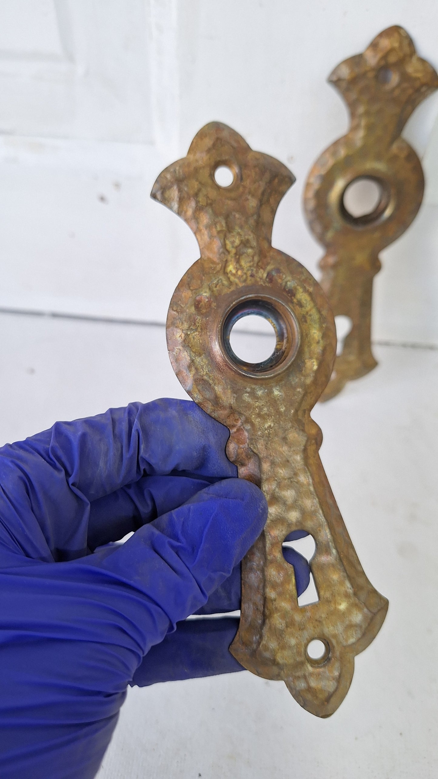 Art Deco Antique Door Backplates, Hammered Texture Brass Door Plates