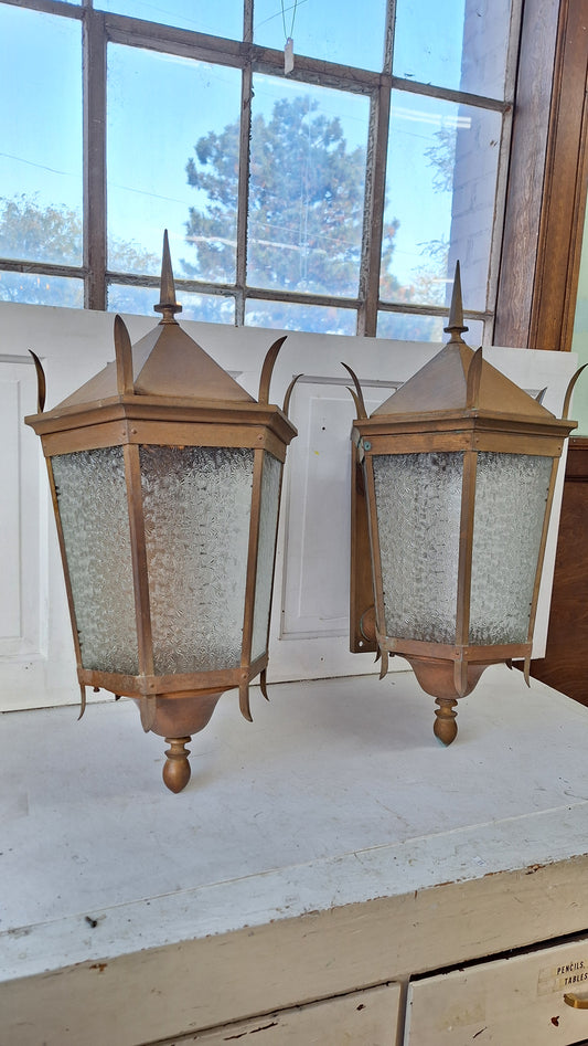 Large Antique Copper Sconces, Two Gothic Style Exterior Sconces