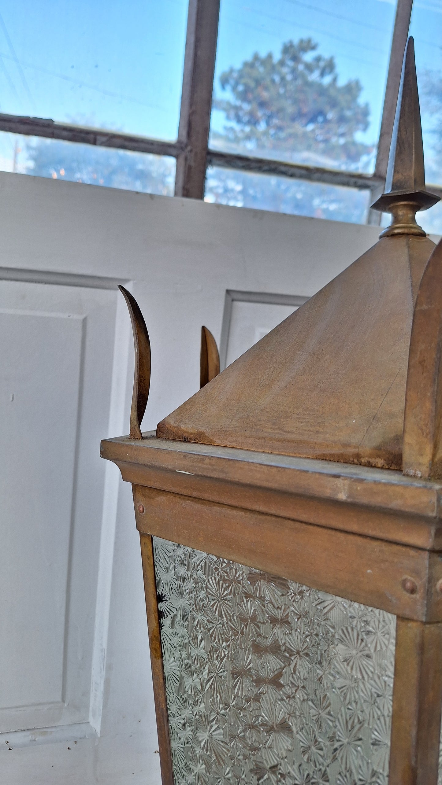 Large Antique Copper Sconces, Two Gothic Style Exterior Sconces