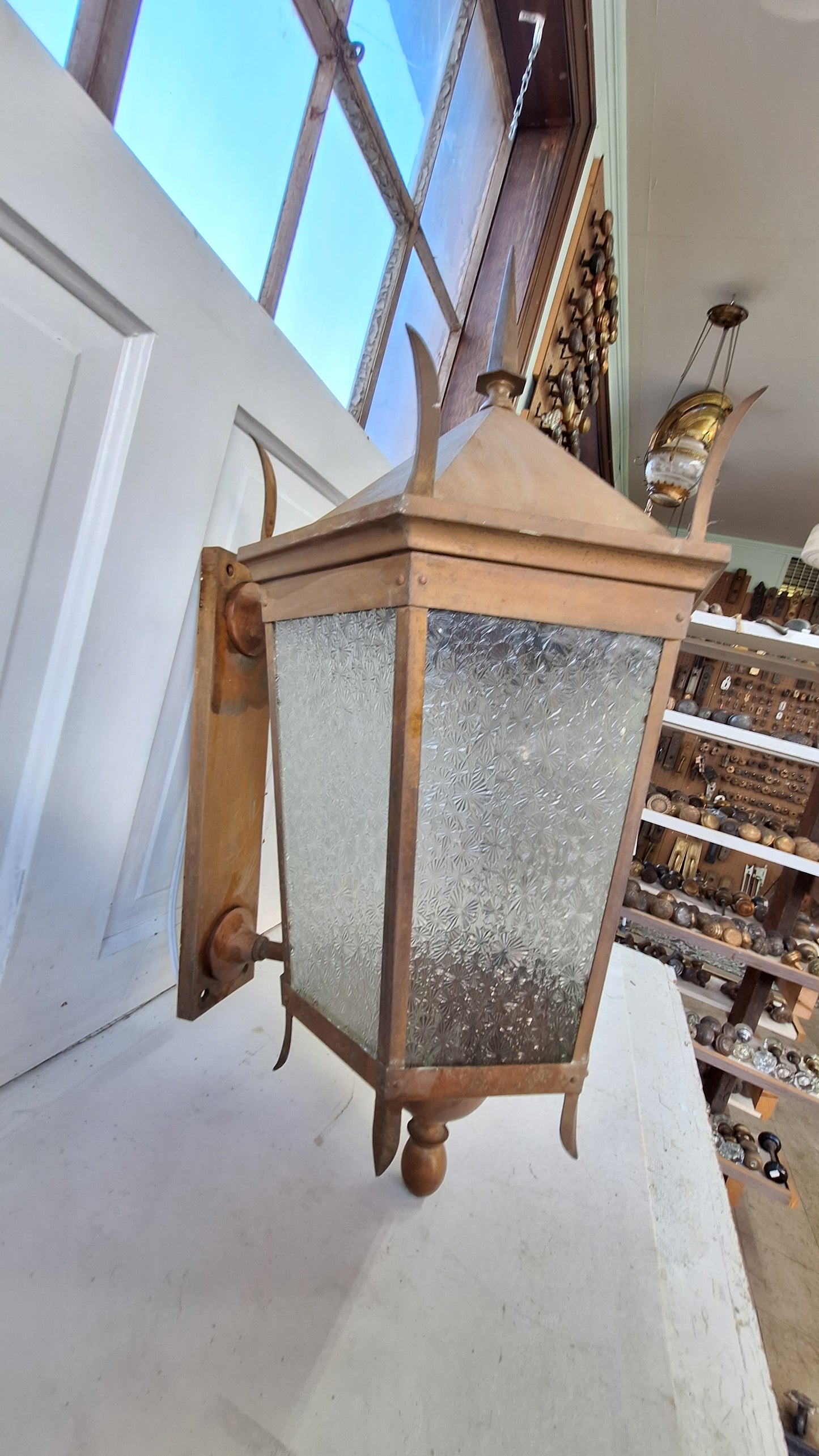 Large Antique Copper Sconces, Two Gothic Style Exterior Sconces