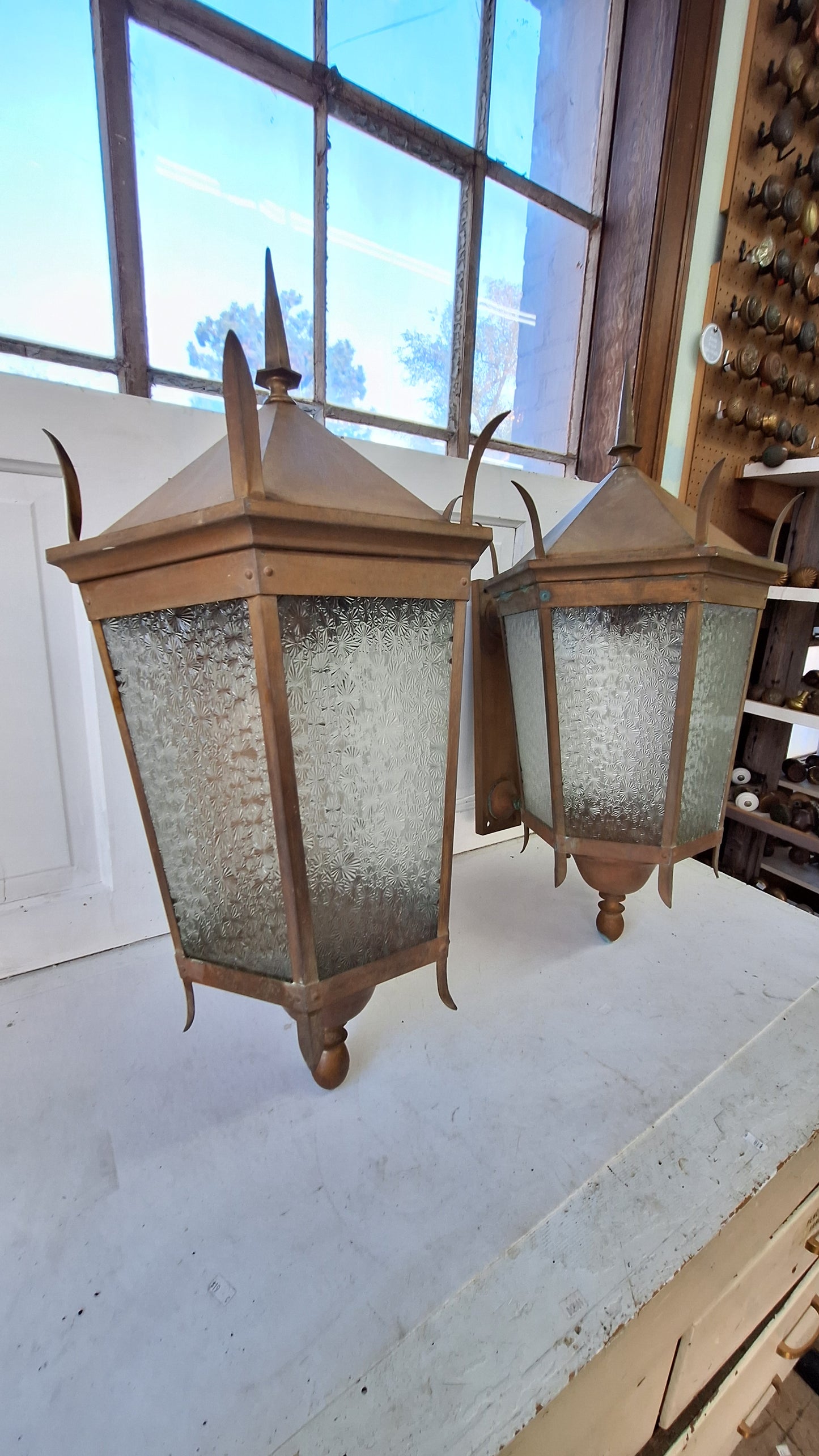 Large Antique Copper Sconces, Two Gothic Style Exterior Sconces