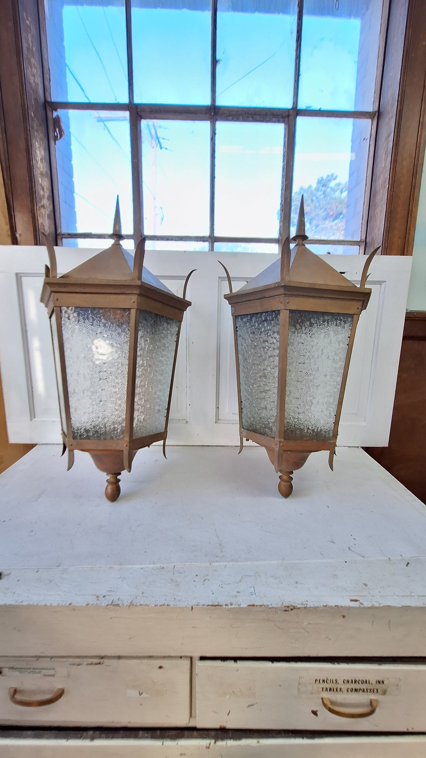 Large Antique Copper Sconces, Two Gothic Style Exterior Sconces