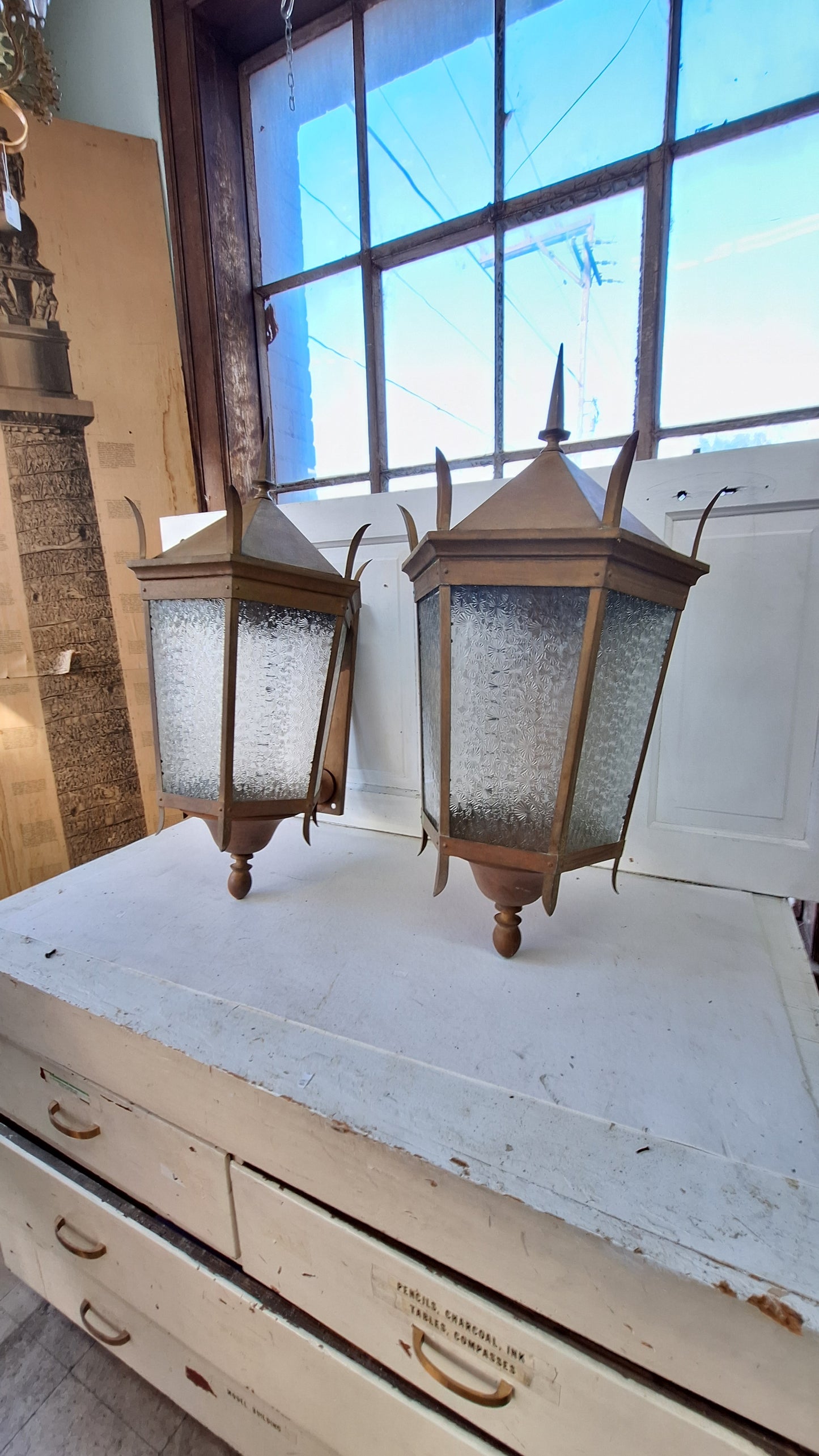 Large Antique Copper Sconces, Two Gothic Style Exterior Sconces