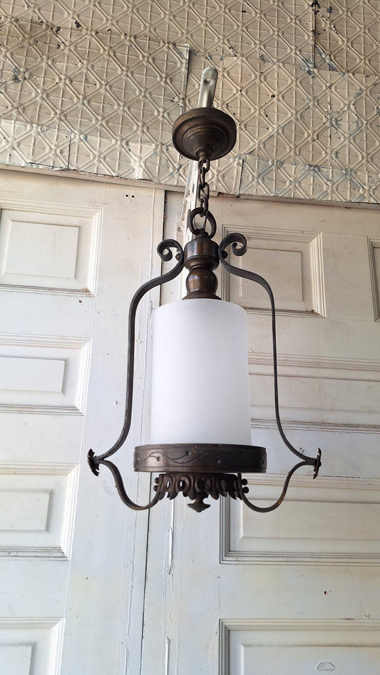 Frosted Glass Vintage Lantern Pendant, Vintage Round Glass Floral Accent Lantern