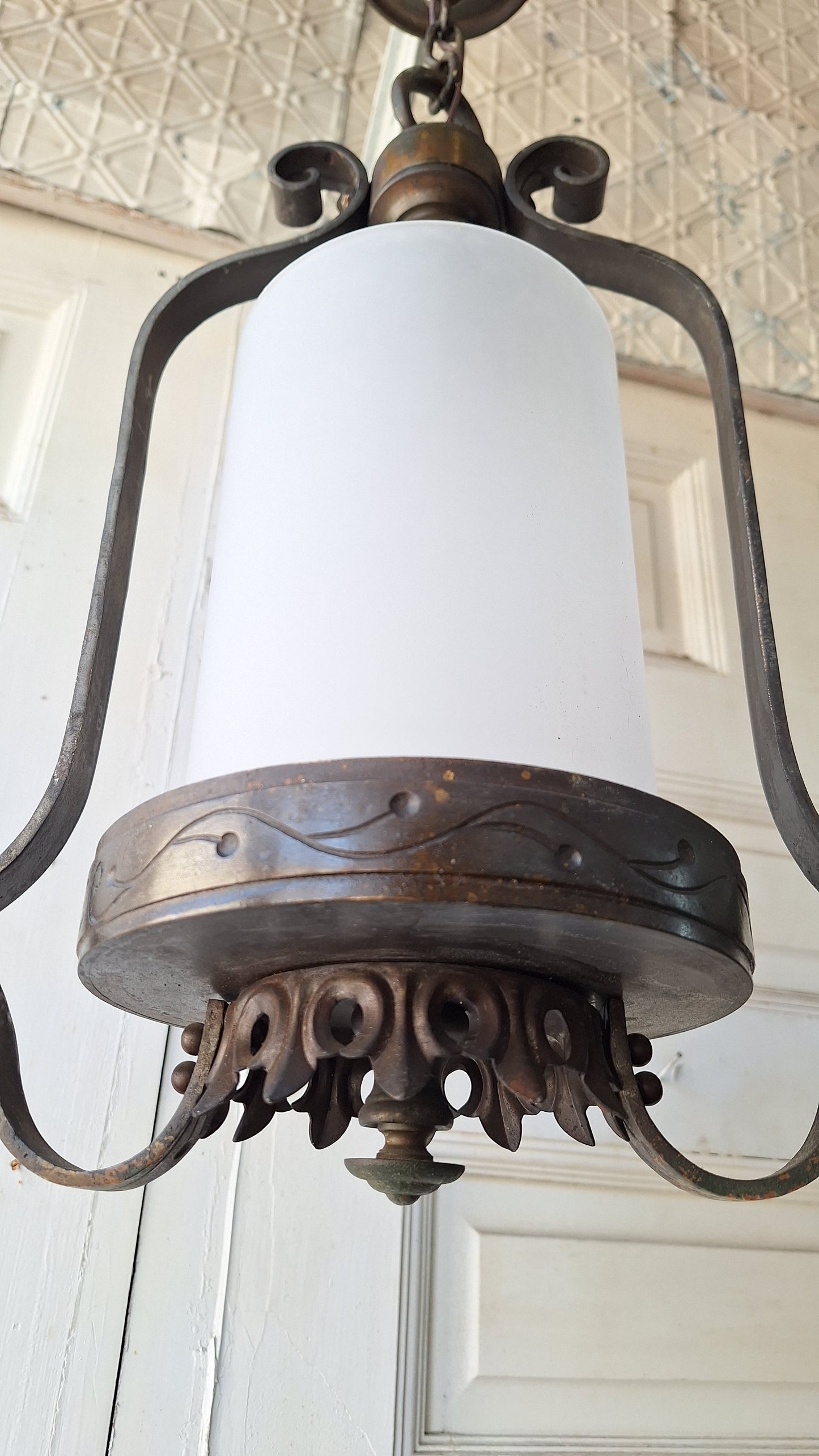 Frosted Glass Vintage Lantern Pendant, Vintage Round Glass Floral Accent Lantern