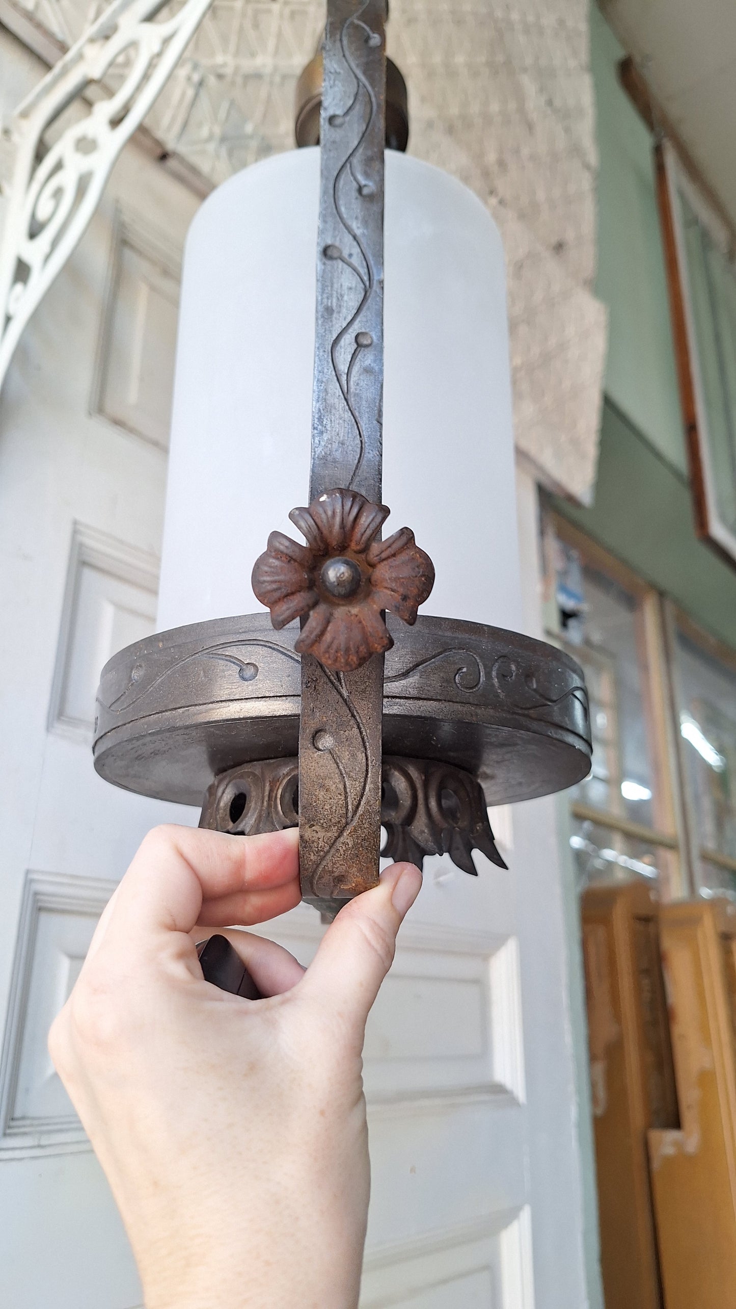 Frosted Glass Vintage Lantern Pendant, Vintage Round Glass Floral Accent Lantern