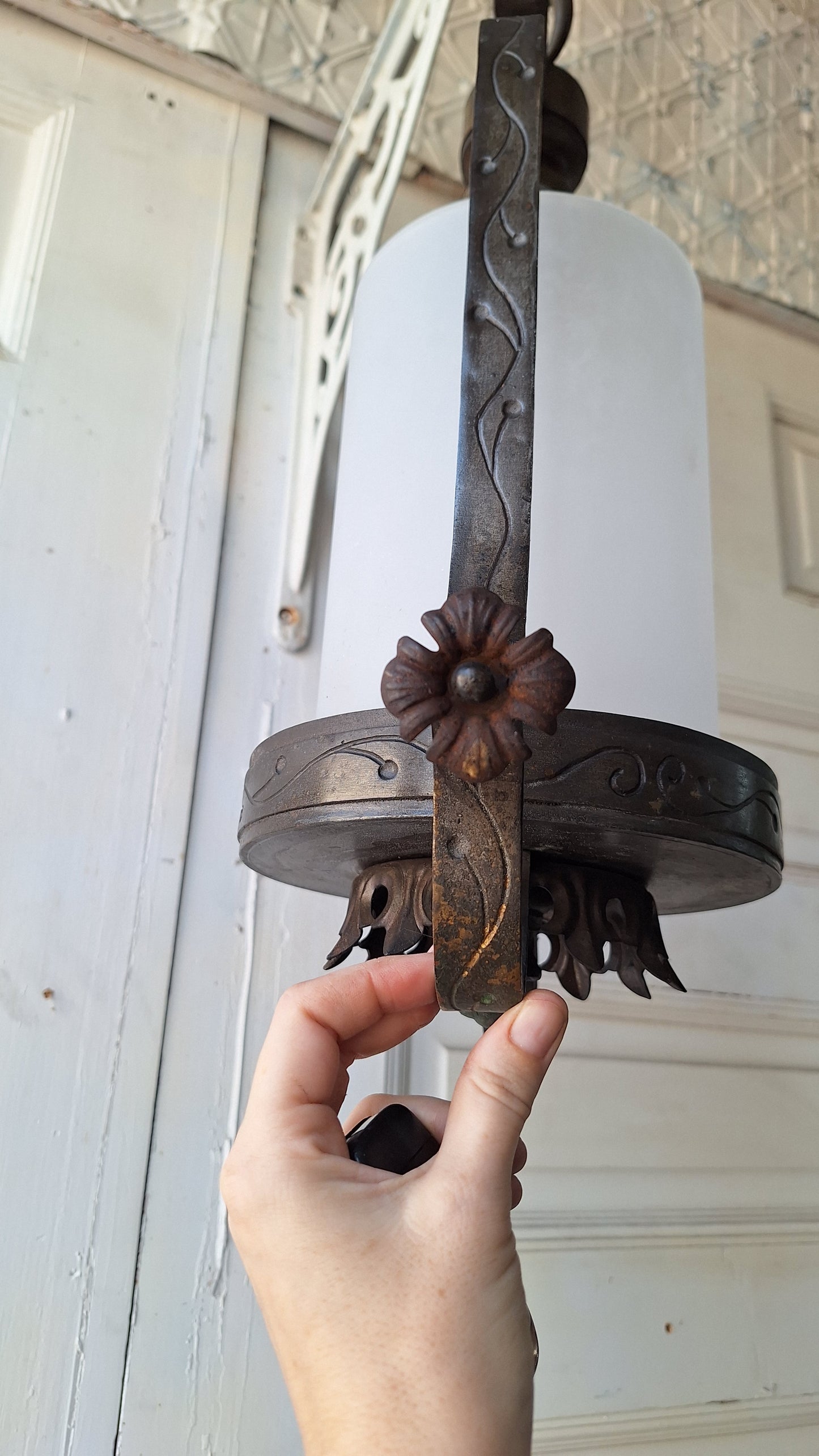 Frosted Glass Vintage Lantern Pendant, Vintage Round Glass Floral Accent Lantern