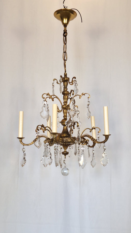 5 Candle Vintage Gold and Crystal Spanish Chandelier, Hollywood Regency Crystal Ceiling Light