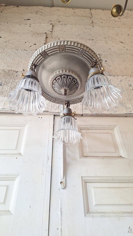 Antique Flush Mount Pan Light with Glass Shades - Refurbished Chandelier