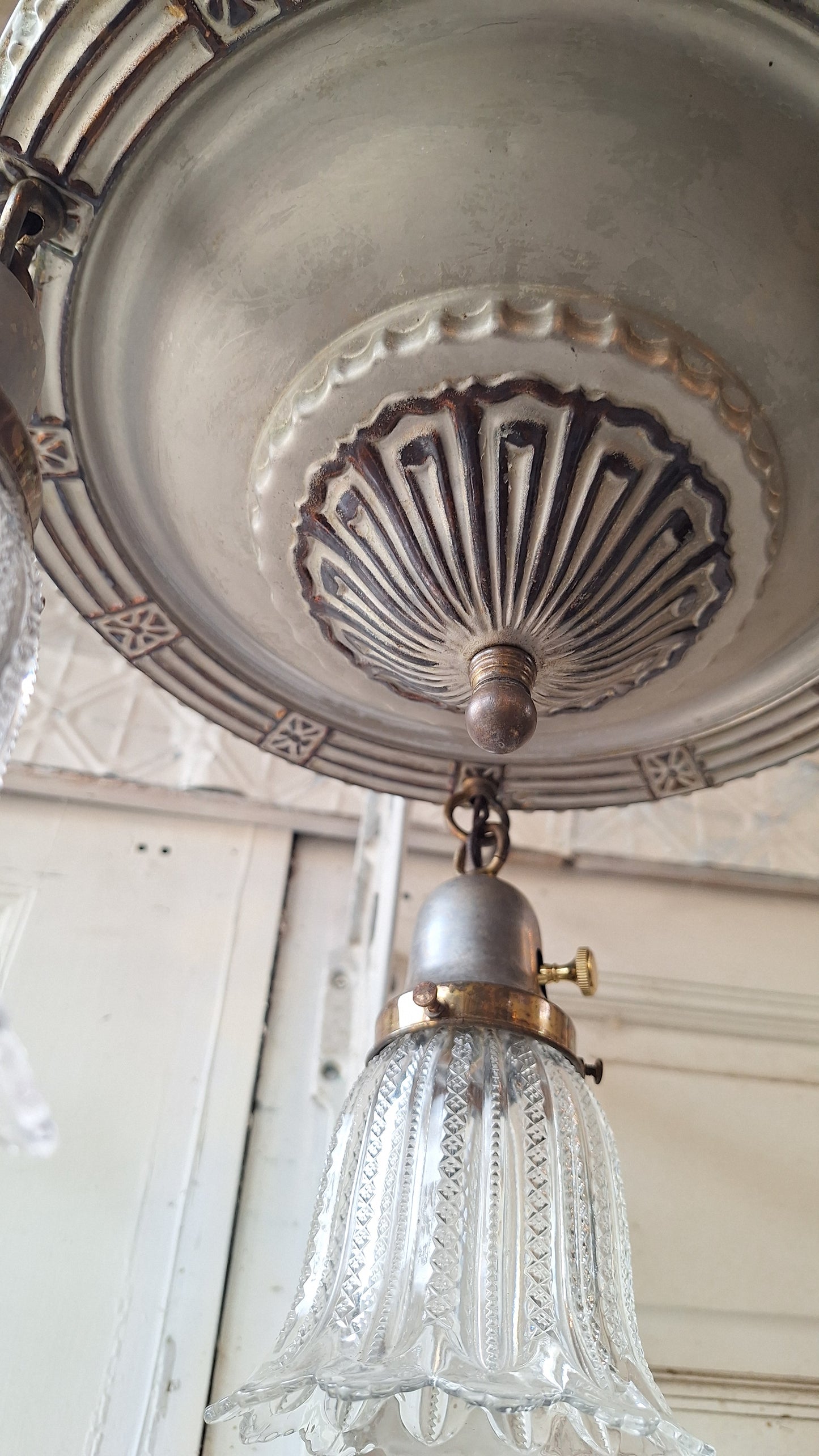 Antique Flush Mount Pan Light with Glass Shades - Refurbished Chandelier