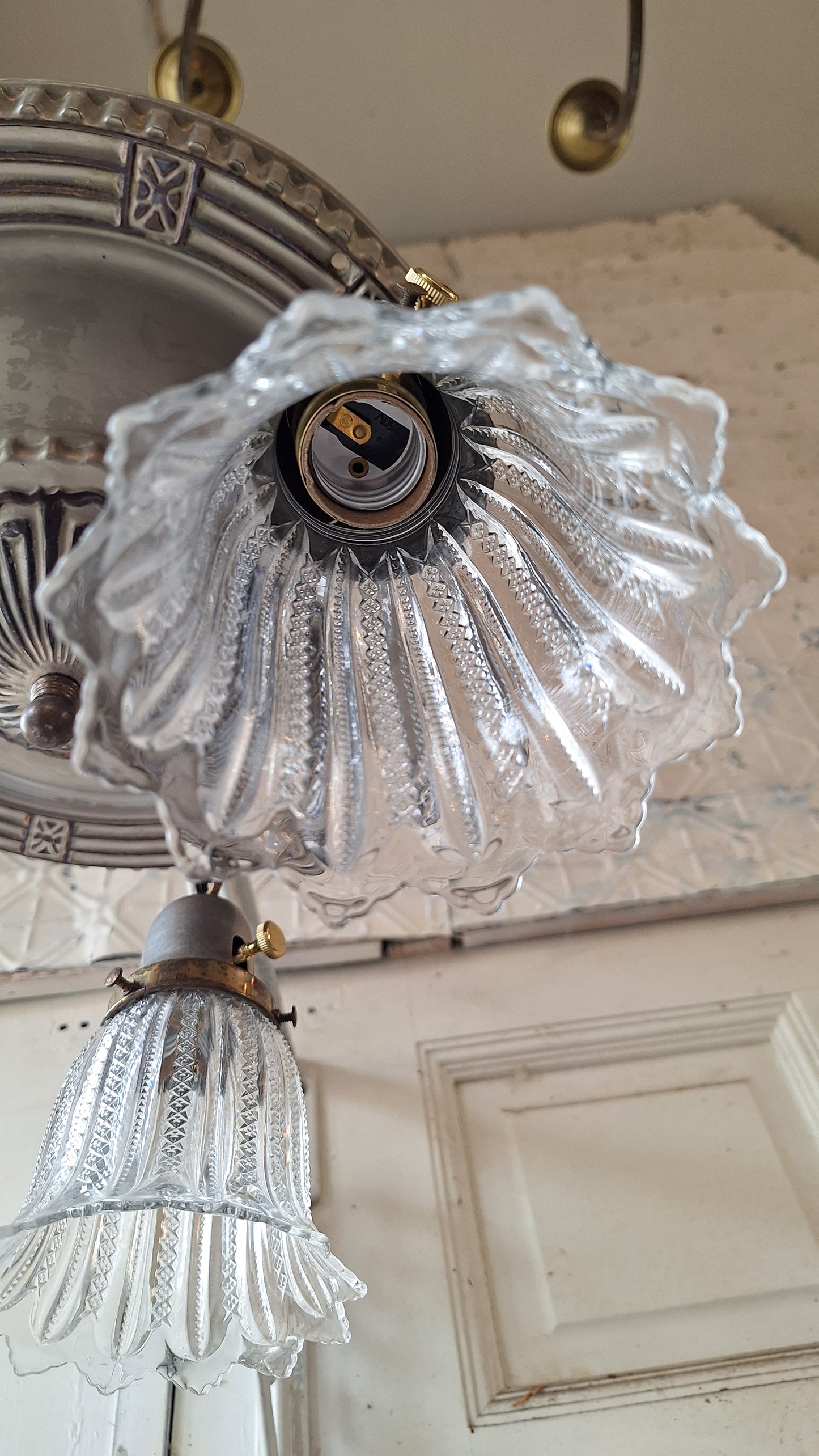 Antique Flush Mount Pan Light with Glass Shades - Refurbished Chandelier