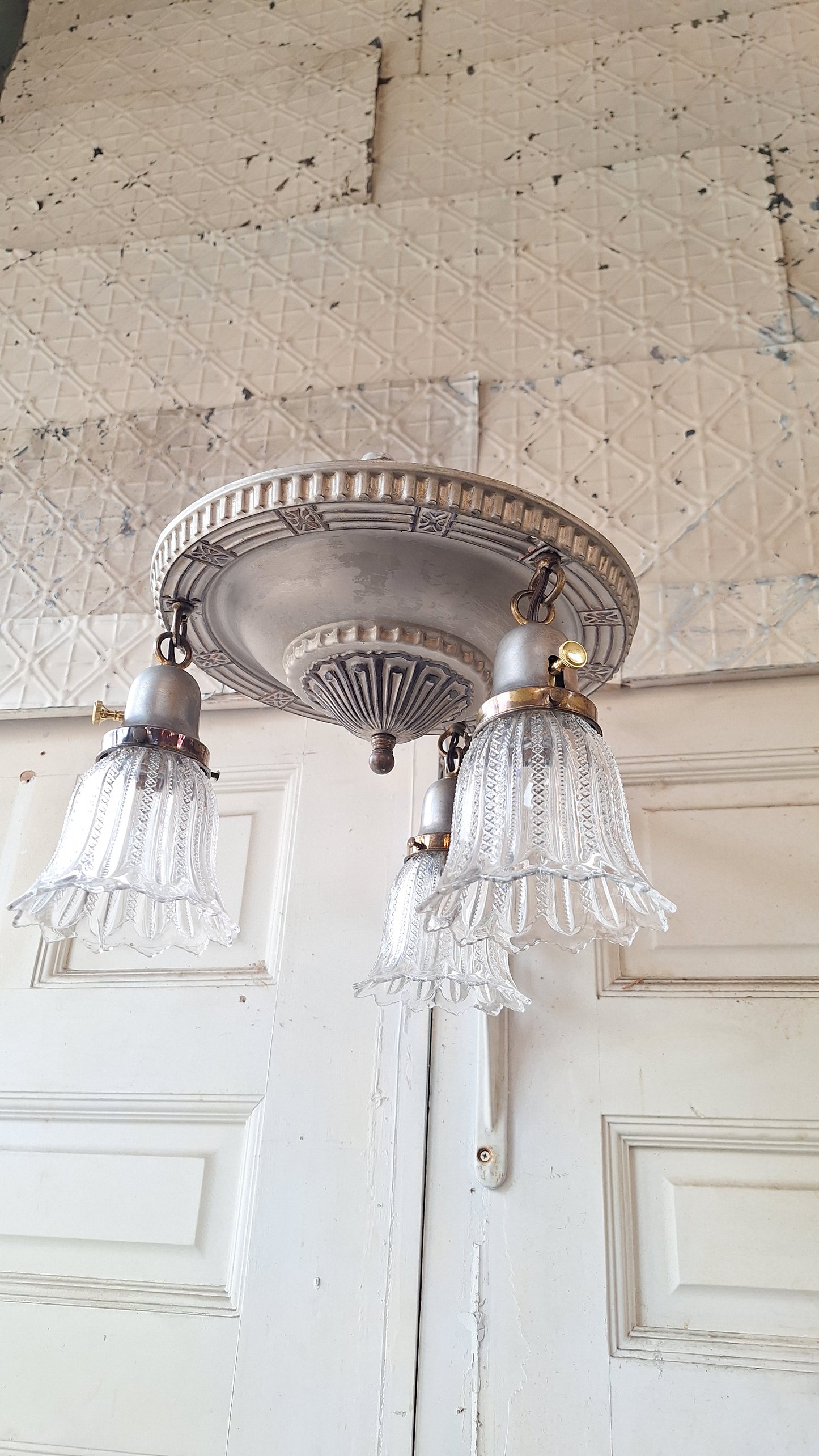Antique Flush Mount Pan Light with Glass Shades - Refurbished Chandelier