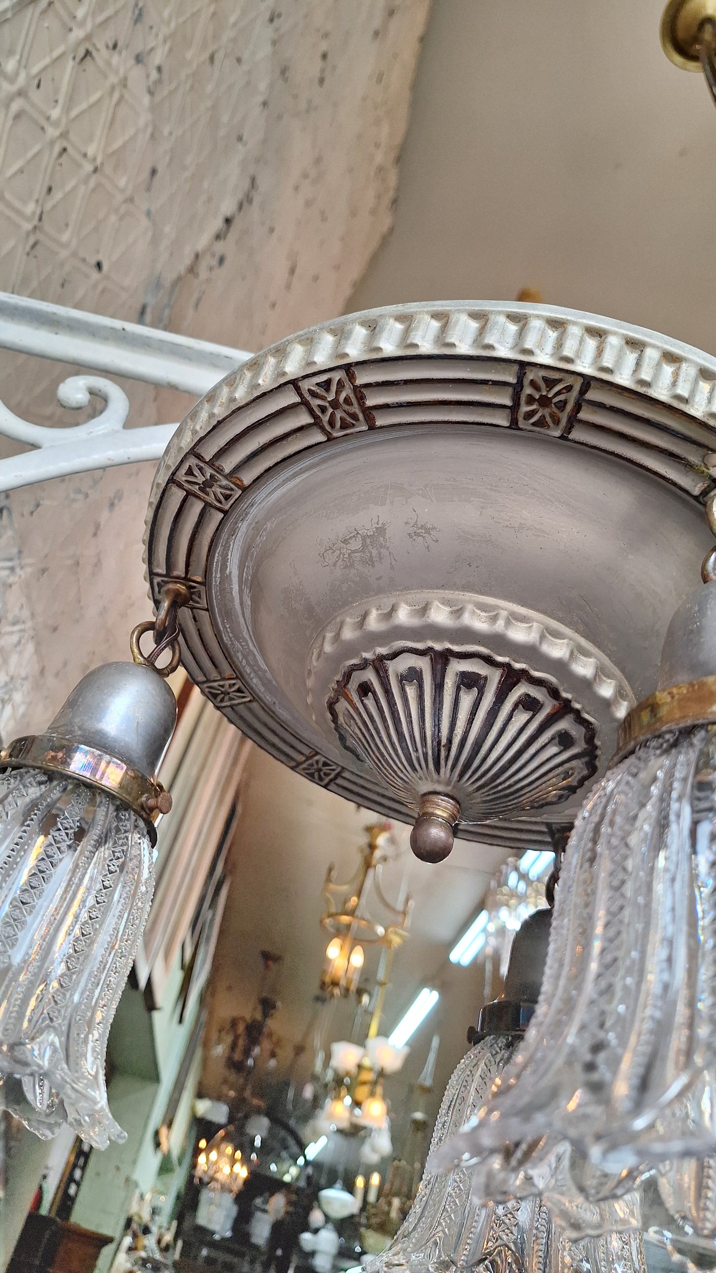 Antique Flush Mount Pan Light with Glass Shades - Refurbished Chandelier