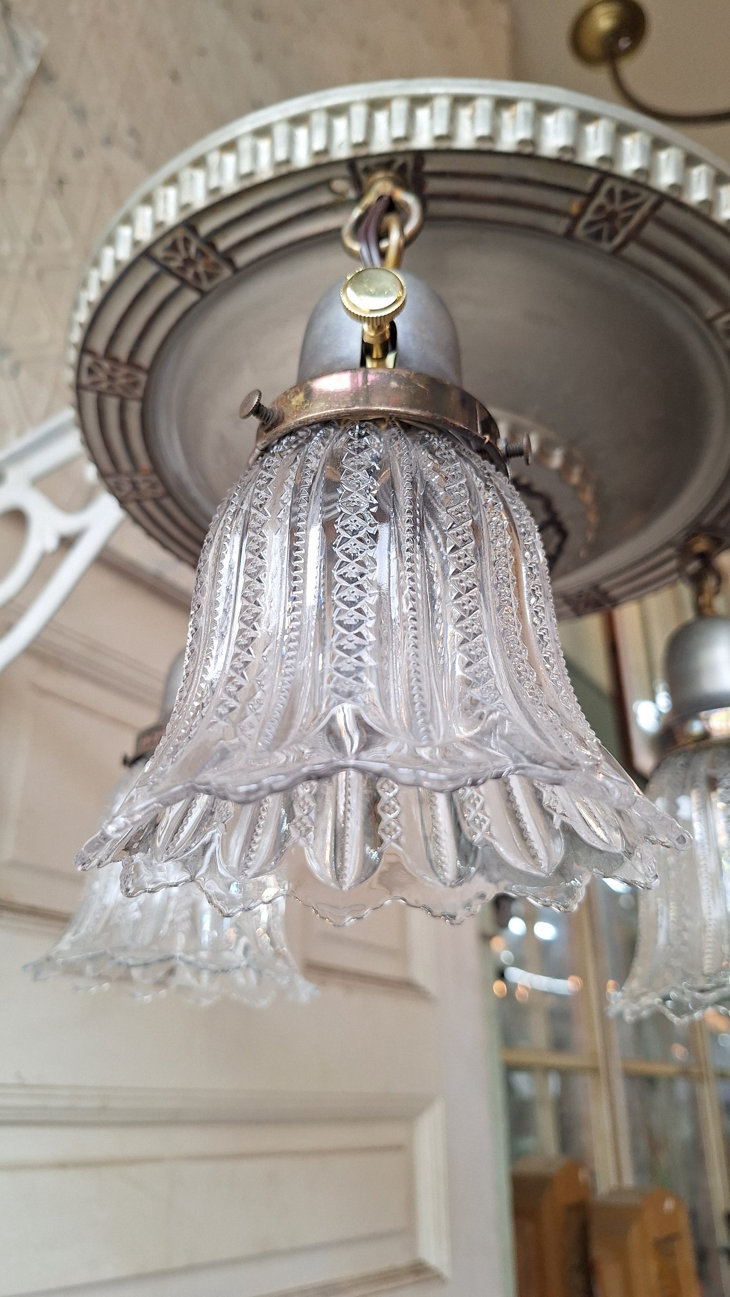 Antique Flush Mount Pan Light with Glass Shades - Refurbished Chandelier