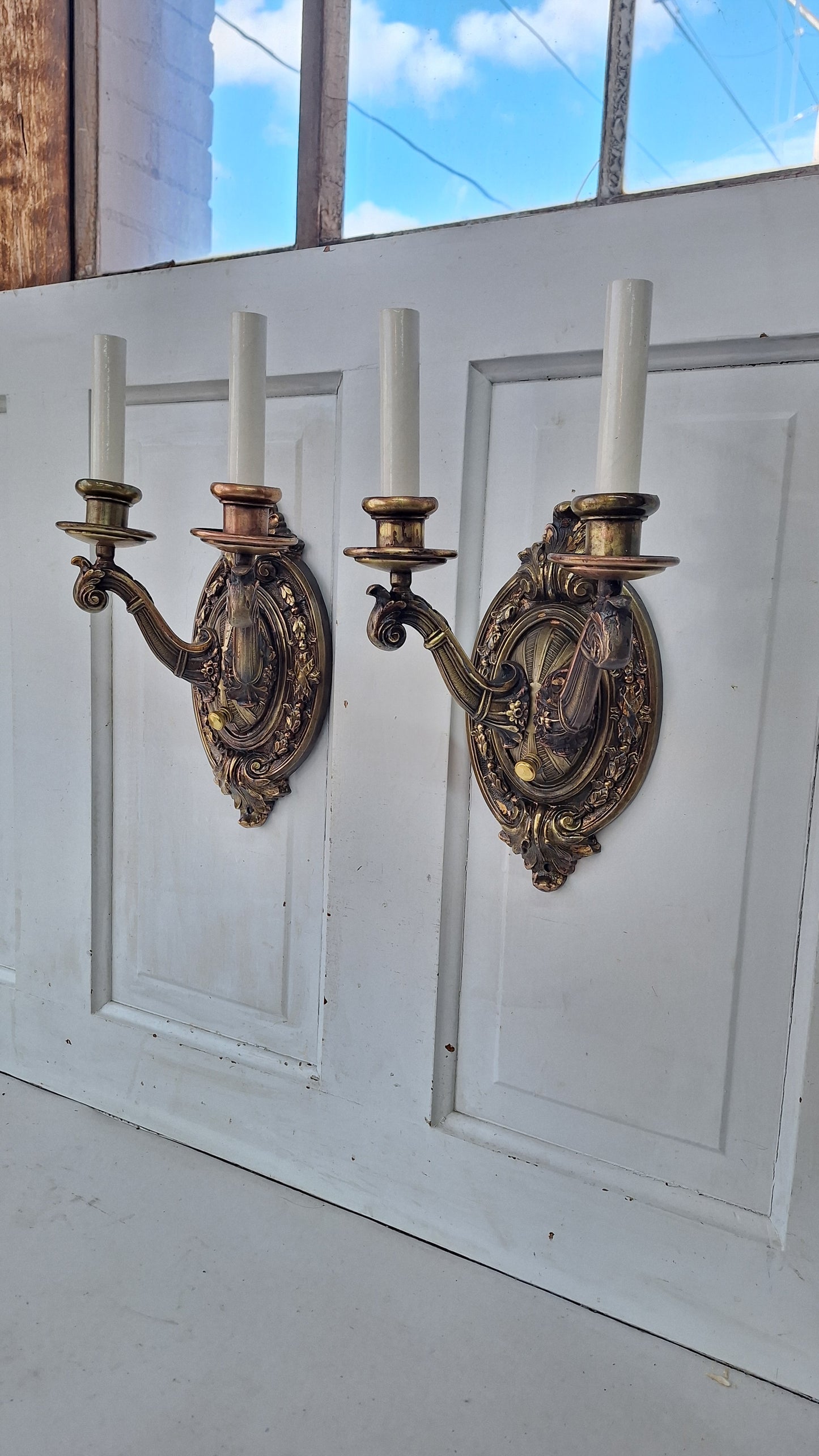 Pair of Antique Two Arm Bronze Plated Sconces, Two Antique Wall Sconce Lights with Candle Sockets