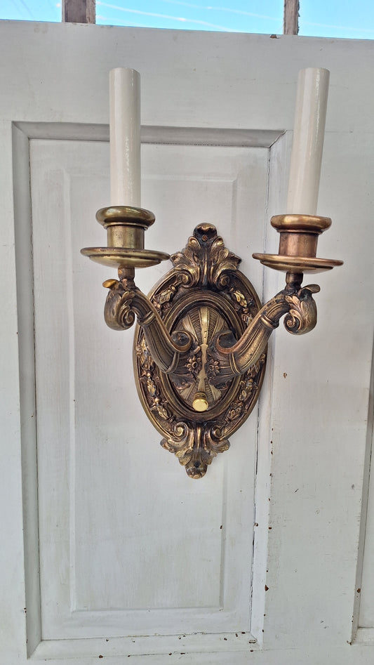 Pair of Antique Two Arm Bronze Plated Sconces, Two Antique Wall Sconce Lights with Candle Sockets