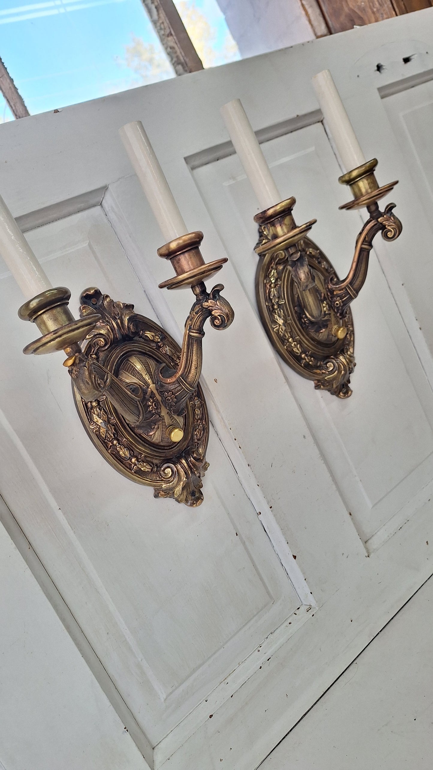 Pair of Antique Two Arm Bronze Plated Sconces, Two Antique Wall Sconce Lights with Candle Sockets