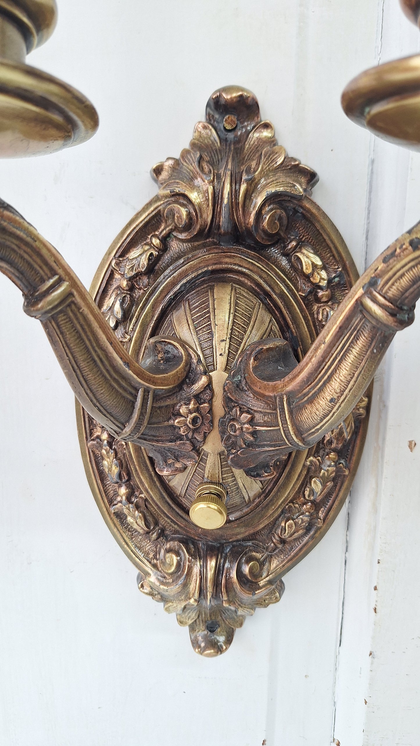 Pair of Antique Two Arm Bronze Plated Sconces, Two Antique Wall Sconce Lights with Candle Sockets