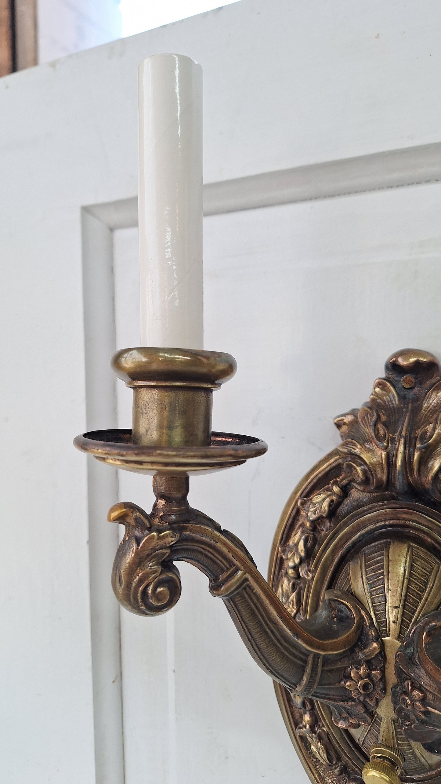 Pair of Antique Two Arm Bronze Plated Sconces, Two Antique Wall Sconce Lights with Candle Sockets