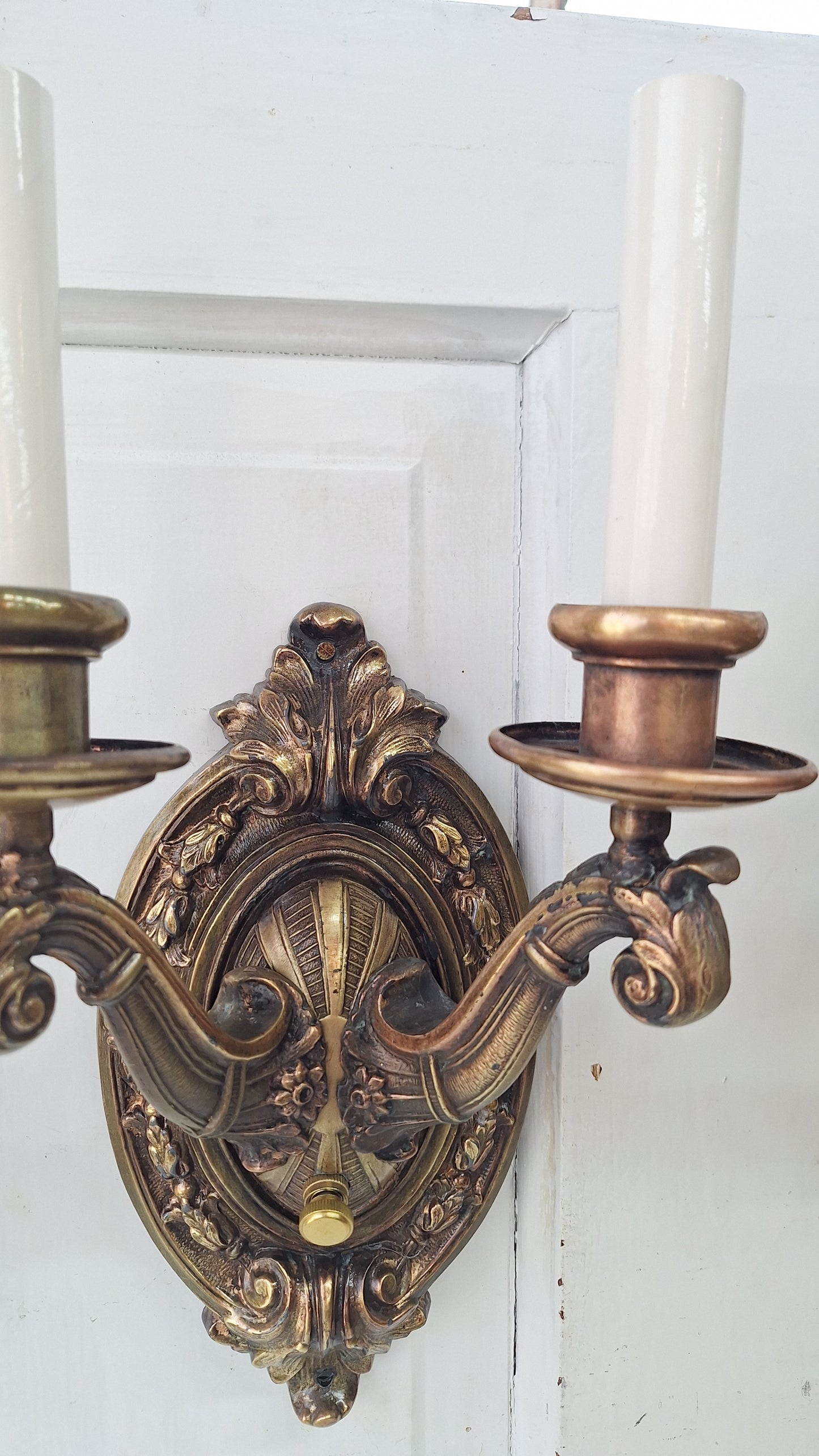 Pair of Antique Two Arm Bronze Plated Sconces, Two Antique Wall Sconce Lights with Candle Sockets