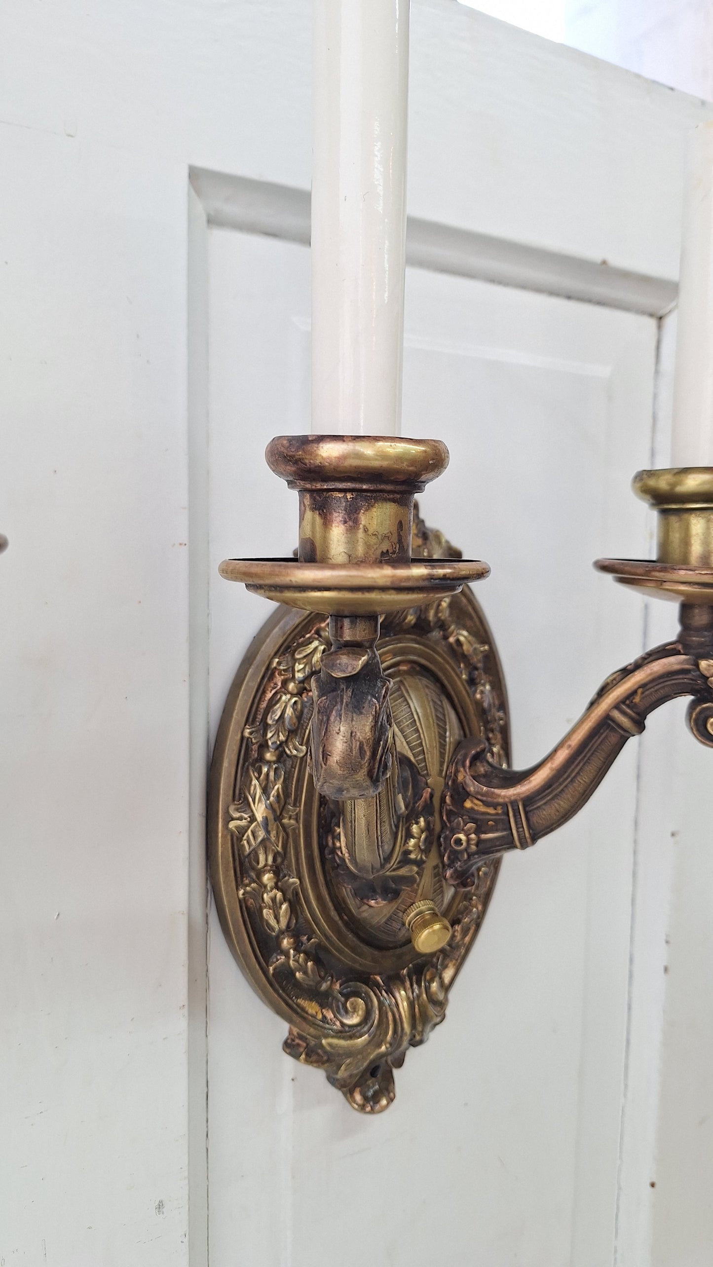 Pair of Antique Two Arm Bronze Plated Sconces, Two Antique Wall Sconce Lights with Candle Sockets