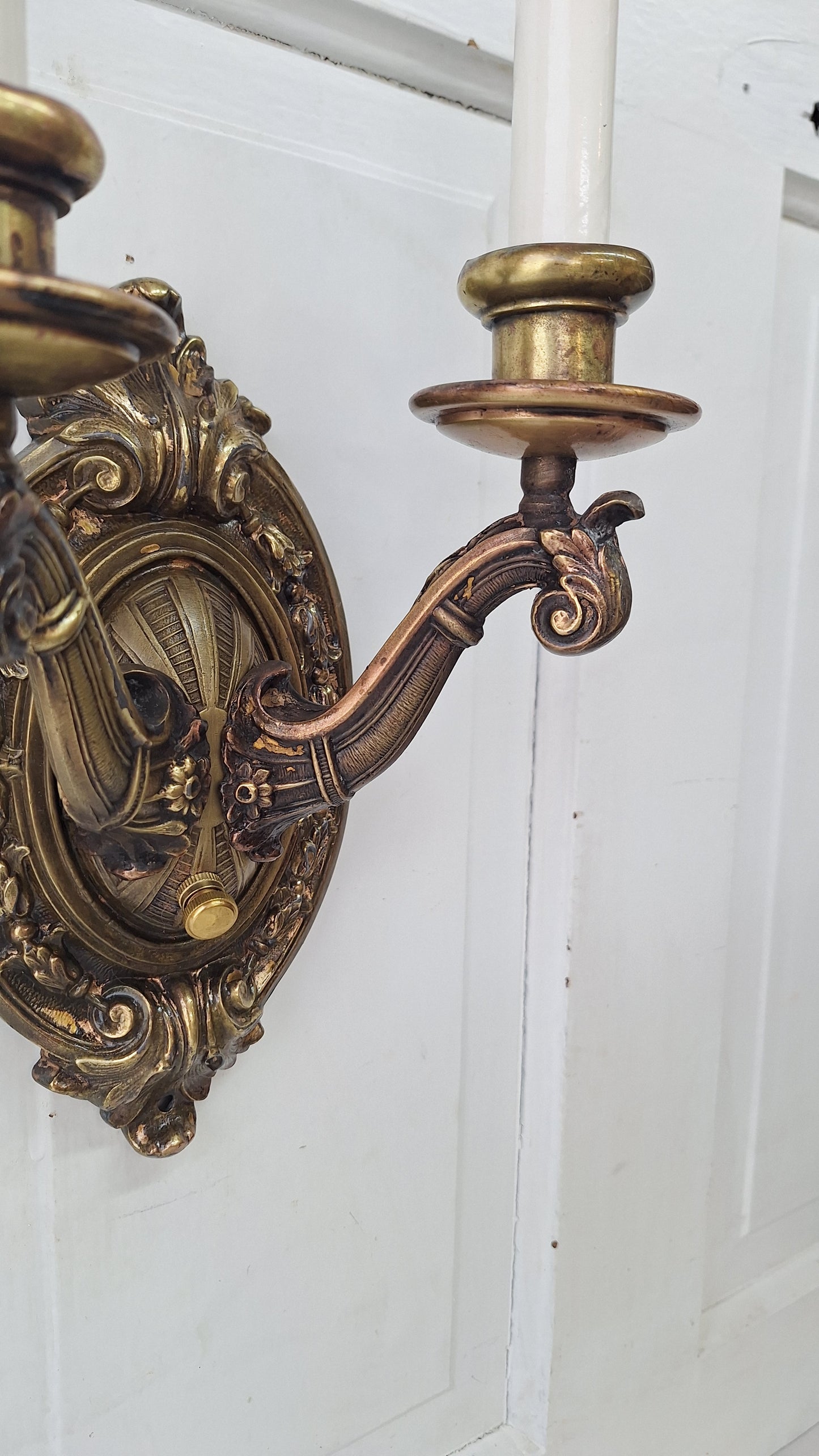 Pair of Antique Two Arm Bronze Plated Sconces, Two Antique Wall Sconce Lights with Candle Sockets