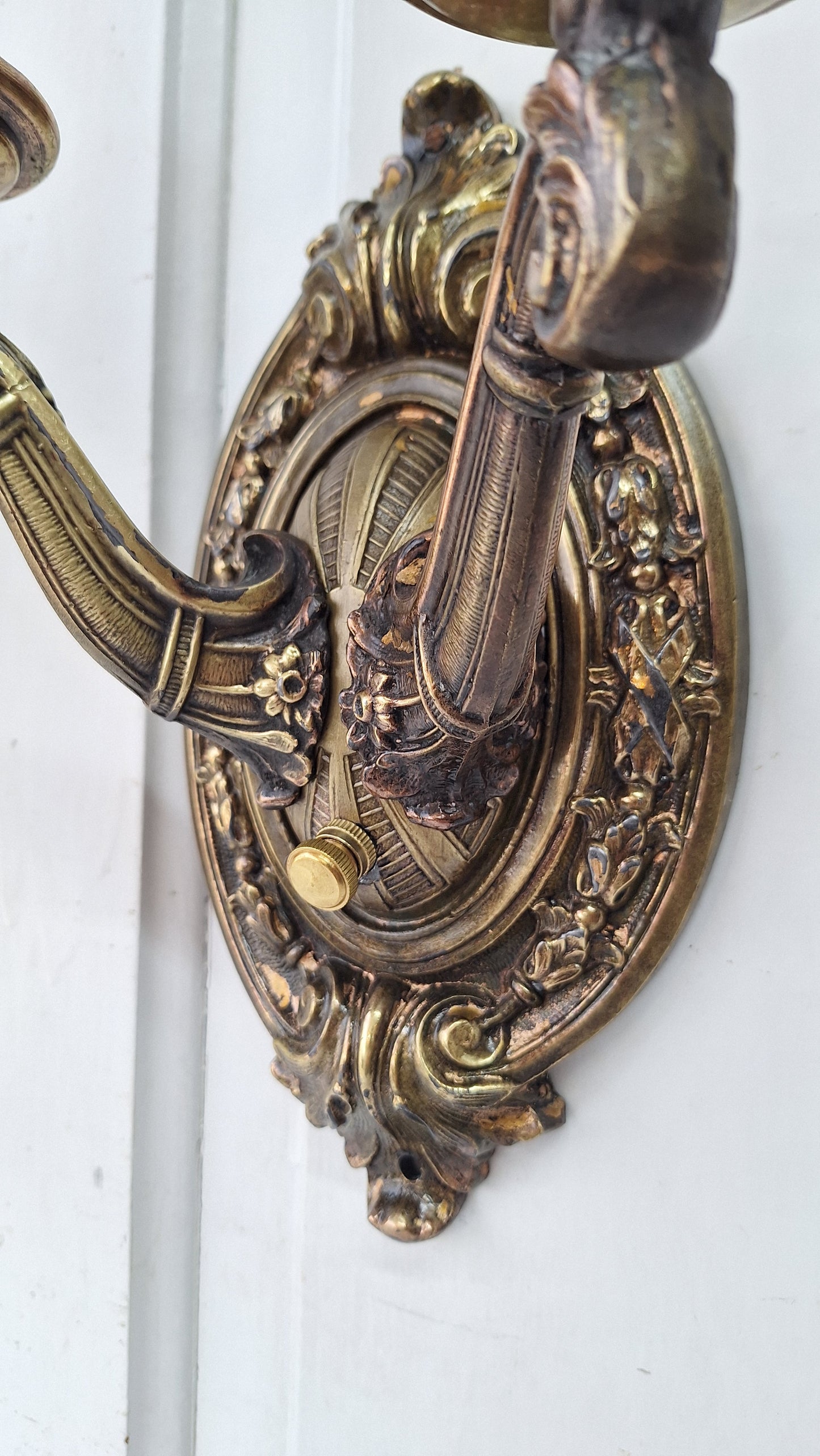 Pair of Antique Two Arm Bronze Plated Sconces, Two Antique Wall Sconce Lights with Candle Sockets