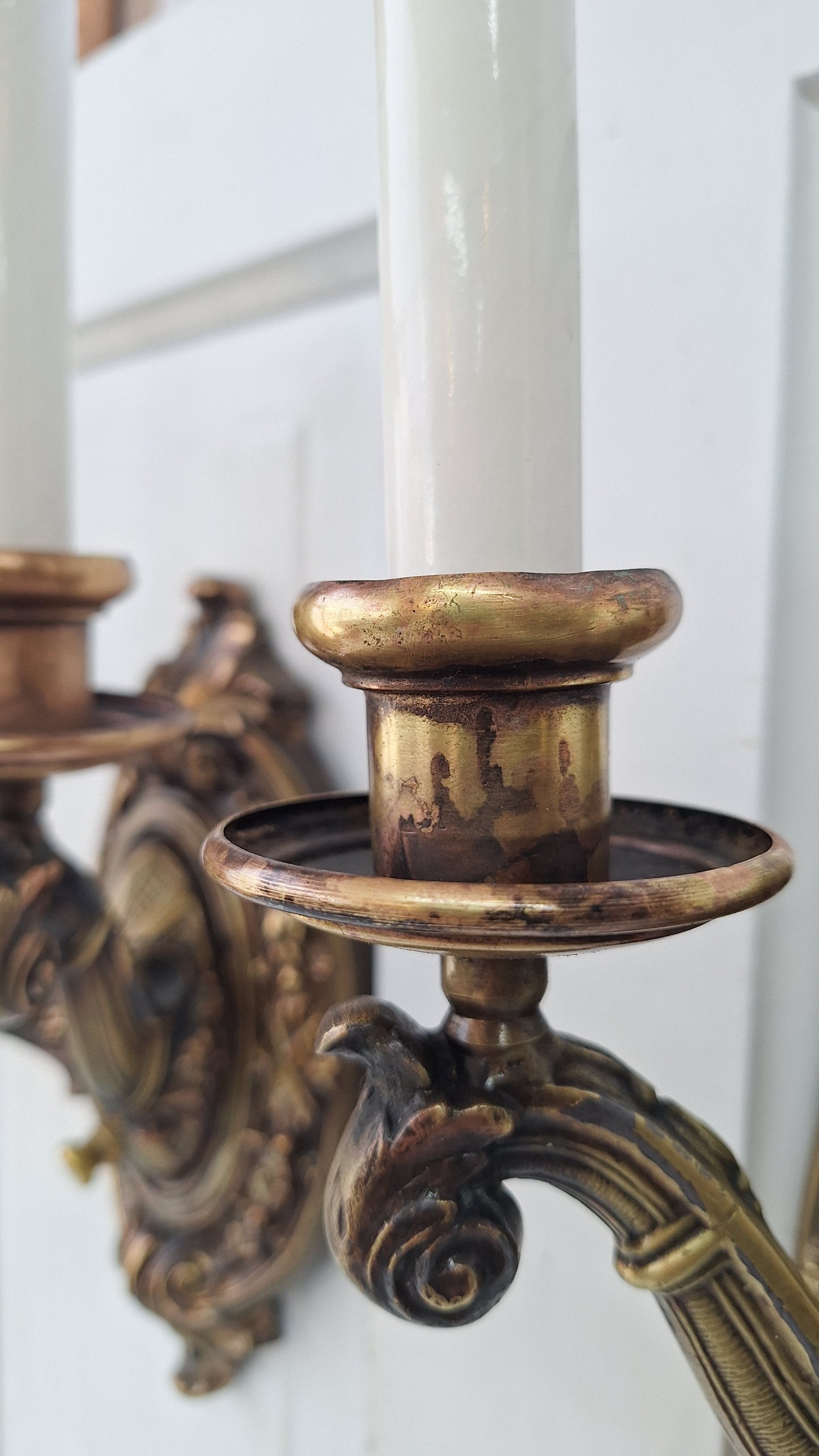 Pair of Antique Two Arm Bronze Plated Sconces, Two Antique Wall Sconce Lights with Candle Sockets
