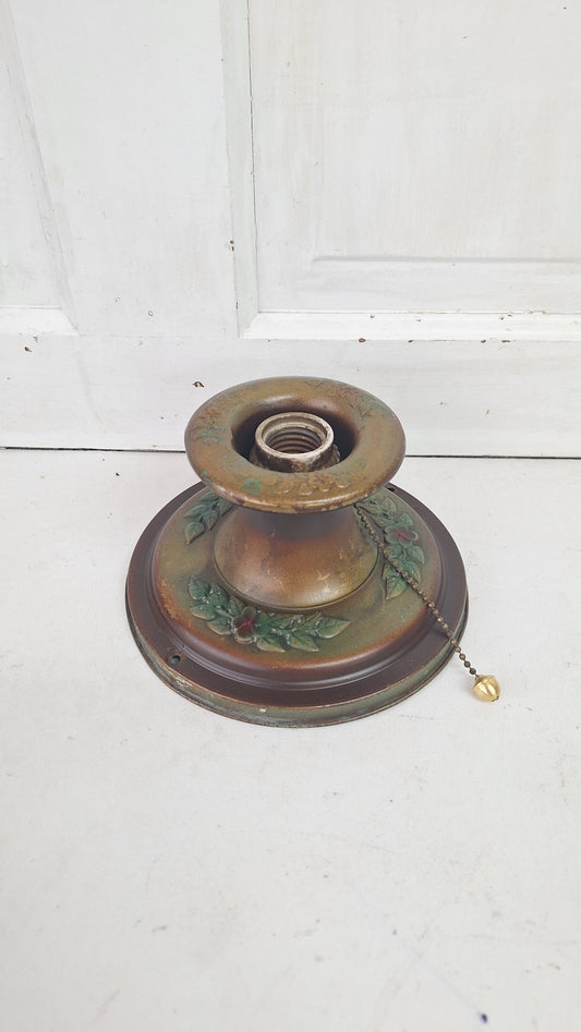 Stamped Brass Flush Mount Light: Rewired Antique Fixture with Rose Detailing