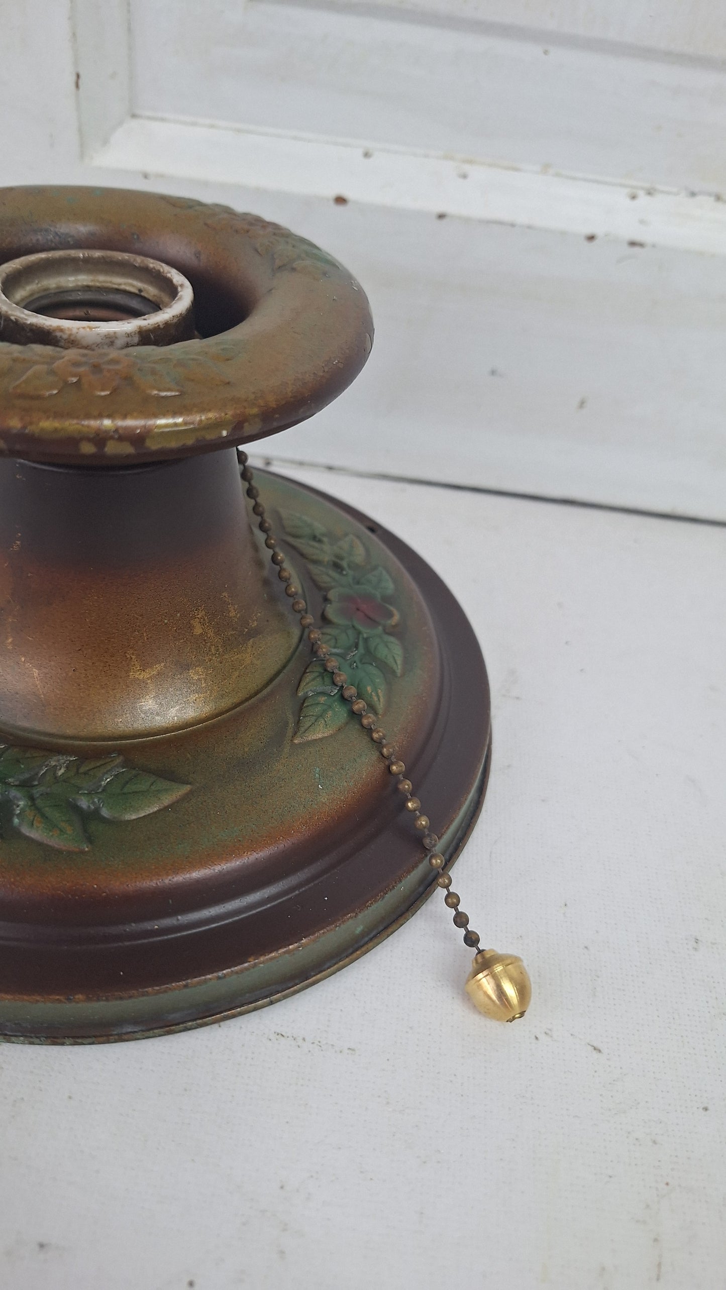 Stamped Brass Flush Mount Light: Rewired Antique Fixture with Rose Detailing