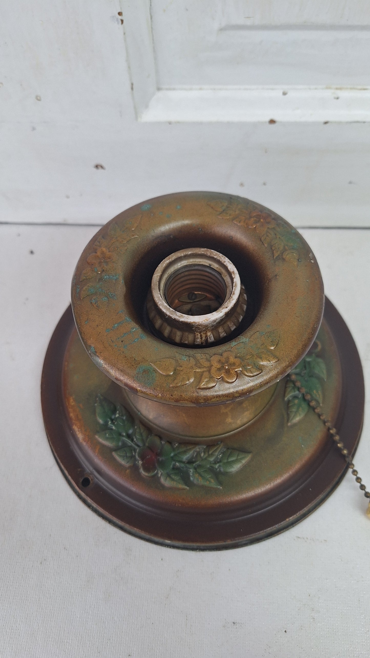 Stamped Brass Flush Mount Light: Rewired Antique Fixture with Rose Detailing